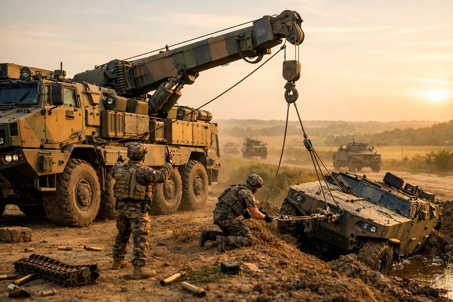 Soldados militares usam um guindaste para resgatar um veículo blindado atolado na lama ao pôr do sol.