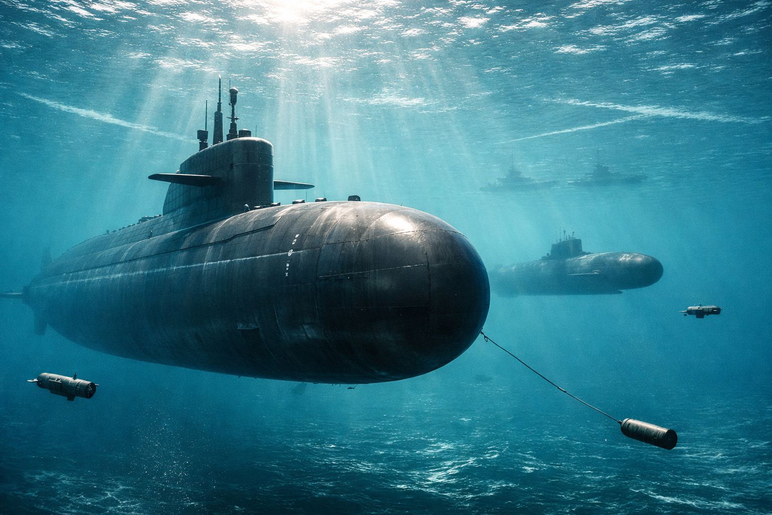 Dois submarinos militares a navegar sob a água com luz solar a atravessar a superfície do oceano.