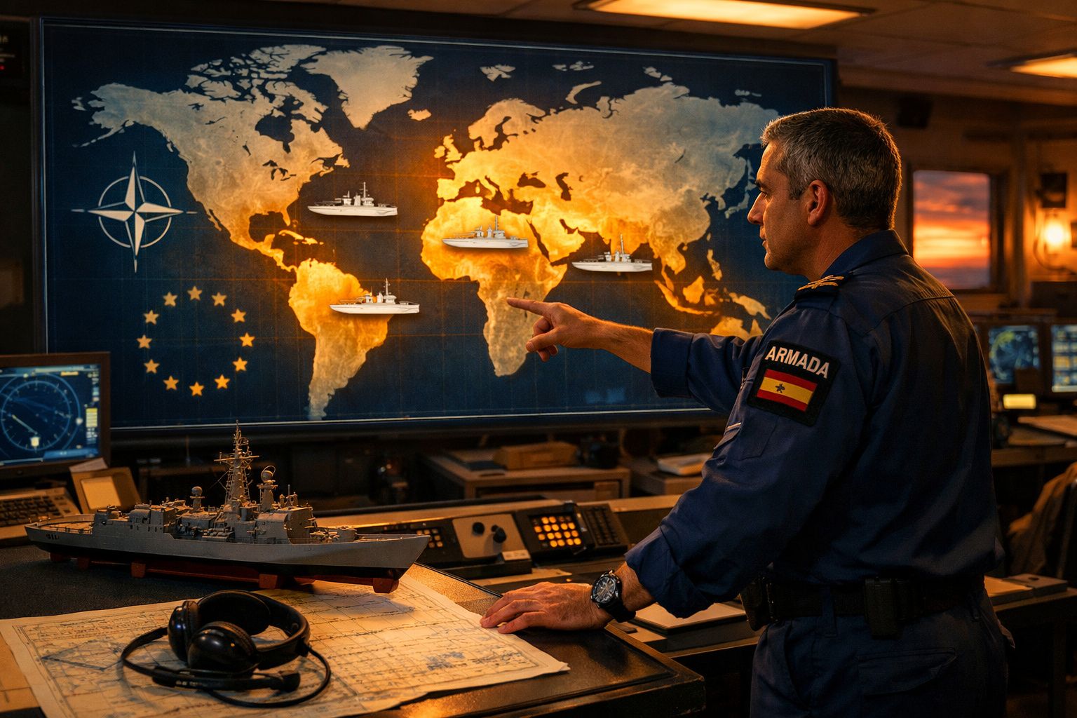 Militar da marinha a apontar para um mapa-múndi com navios de guerra em sala de comando naval.