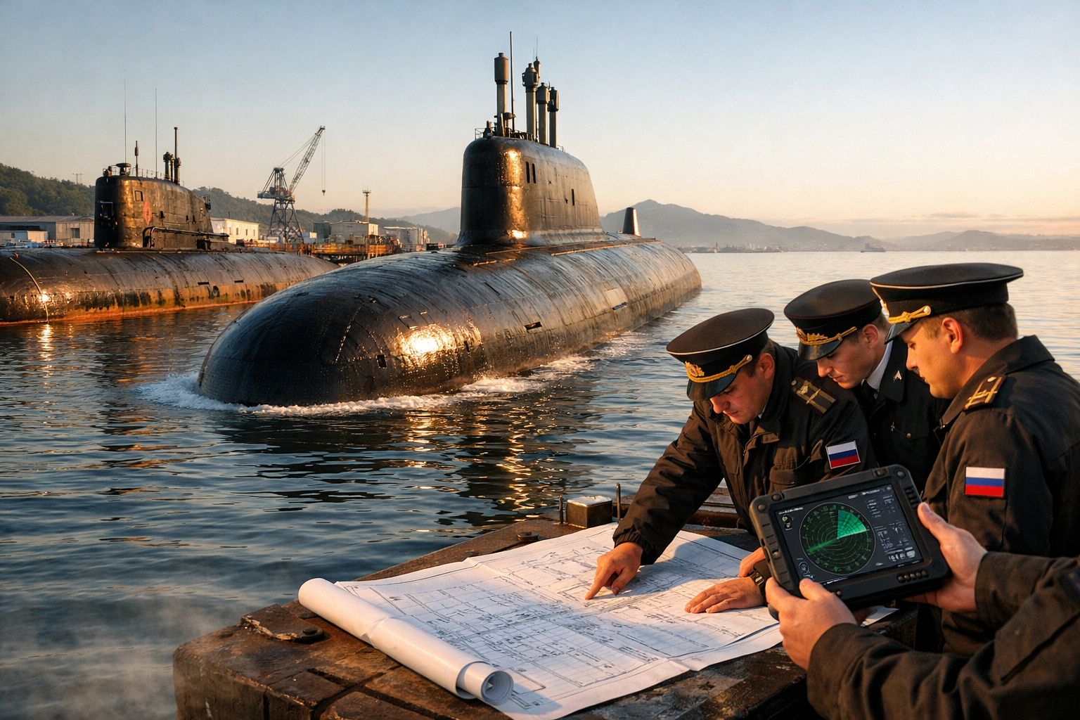 Três militares russos consultam mapas e radar junto a submarinos no porto ao amanhecer.