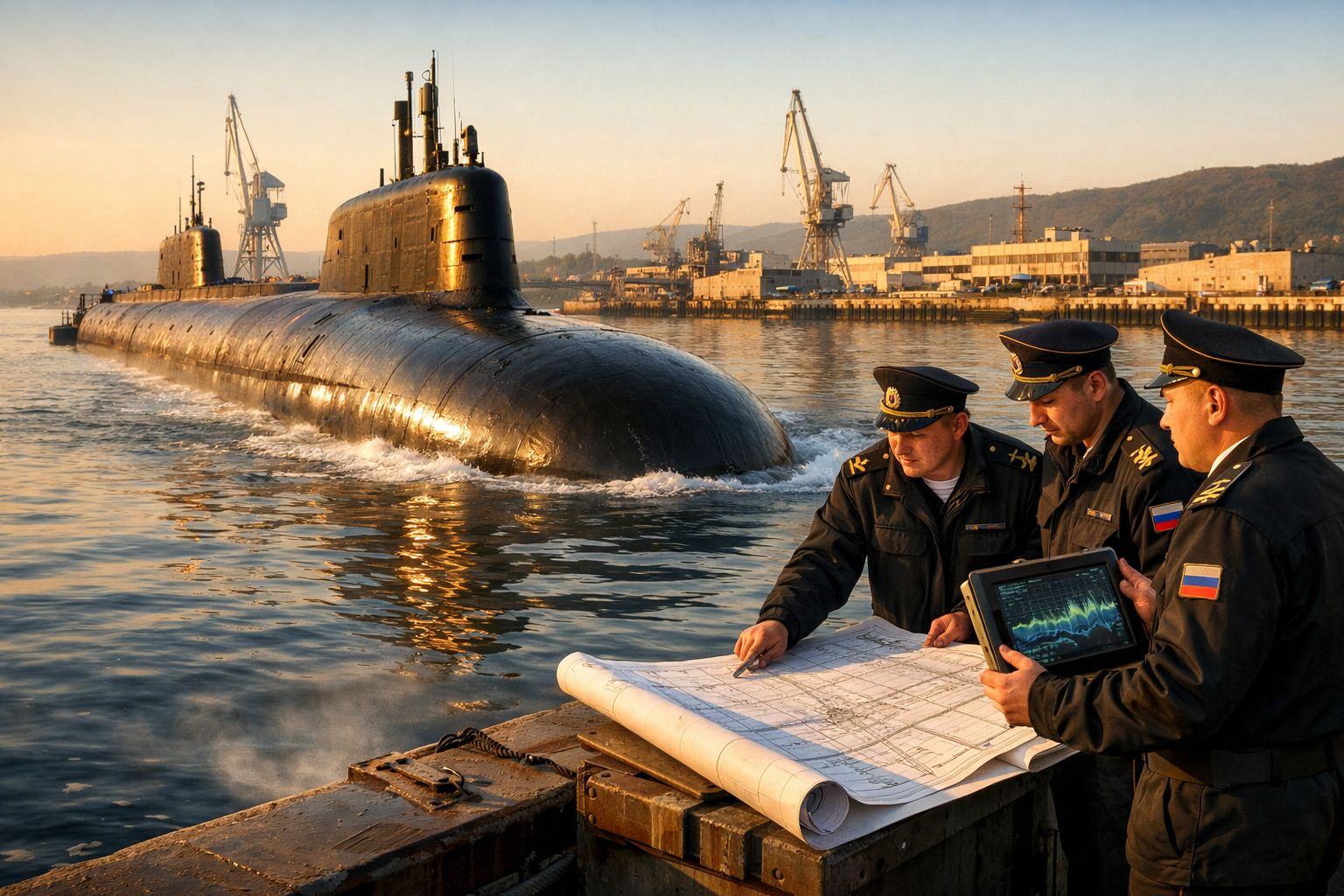 Três militares analisam mapas e gráficos junto a um submarino preto numa doca industrial ao pôr do sol.