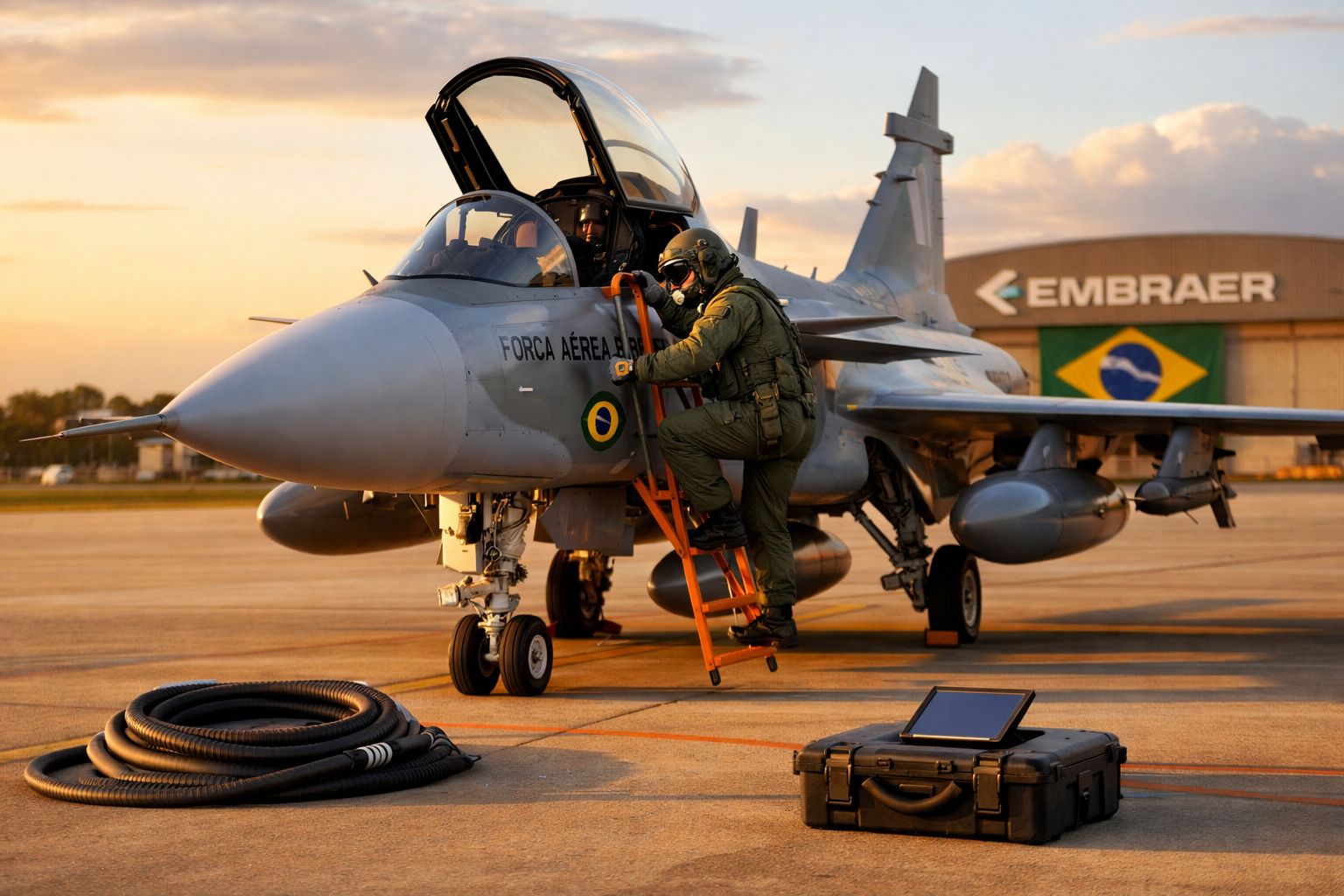 Piloto da Força Aérea Brasileira sobe escada para entrar em caça estacionado na pista ao pôr do sol.