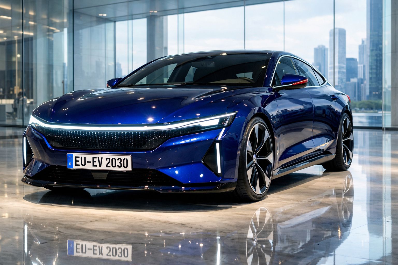 Carro elétrico desportivo azul estacionado em showroom com janelas grandes e vista urbana ao fundo.