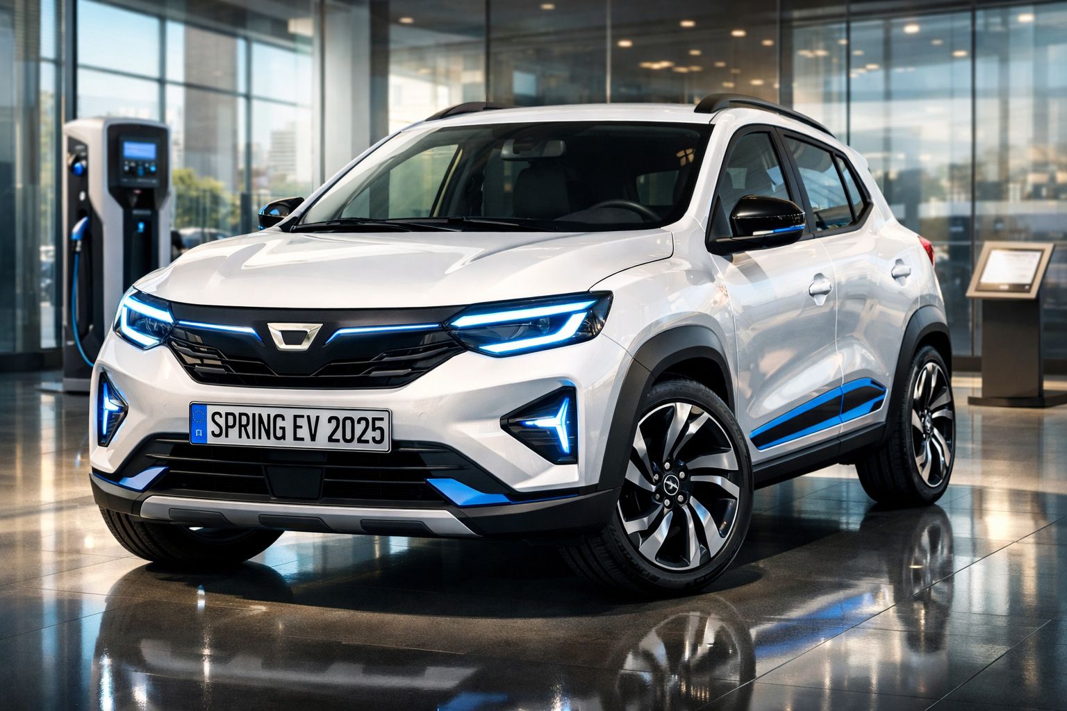 Carro elétrico branco Dacia Spring EV 2025 estacionado em showroom com carregador ao fundo.