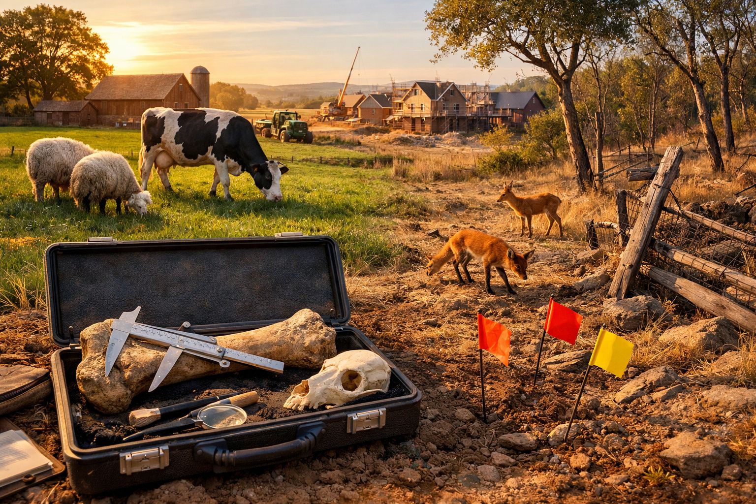 Fazenda ao pôr do sol com vaca, ovelhas, raposas, ossos fósseis em mala de investigação e bandeiras coloridas no solo.