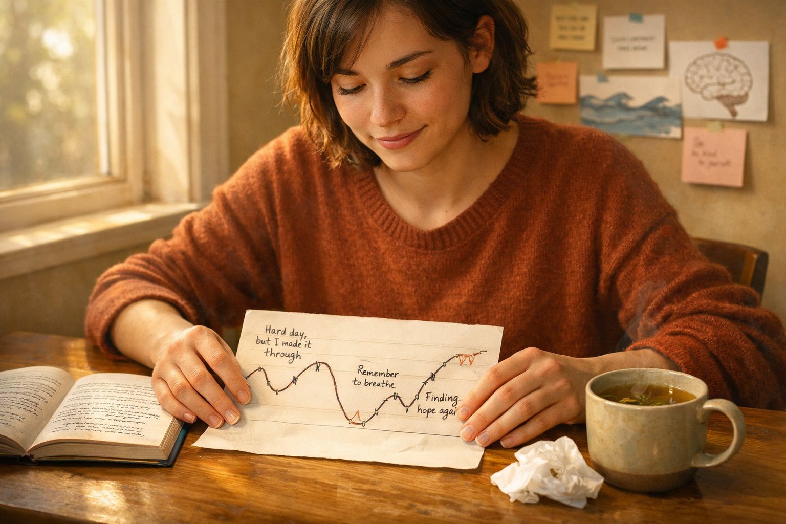 Mulher sentada à mesa, sorrindo ao segurar papel com gráfico e mensagens positivas, chá e livro ao lado.