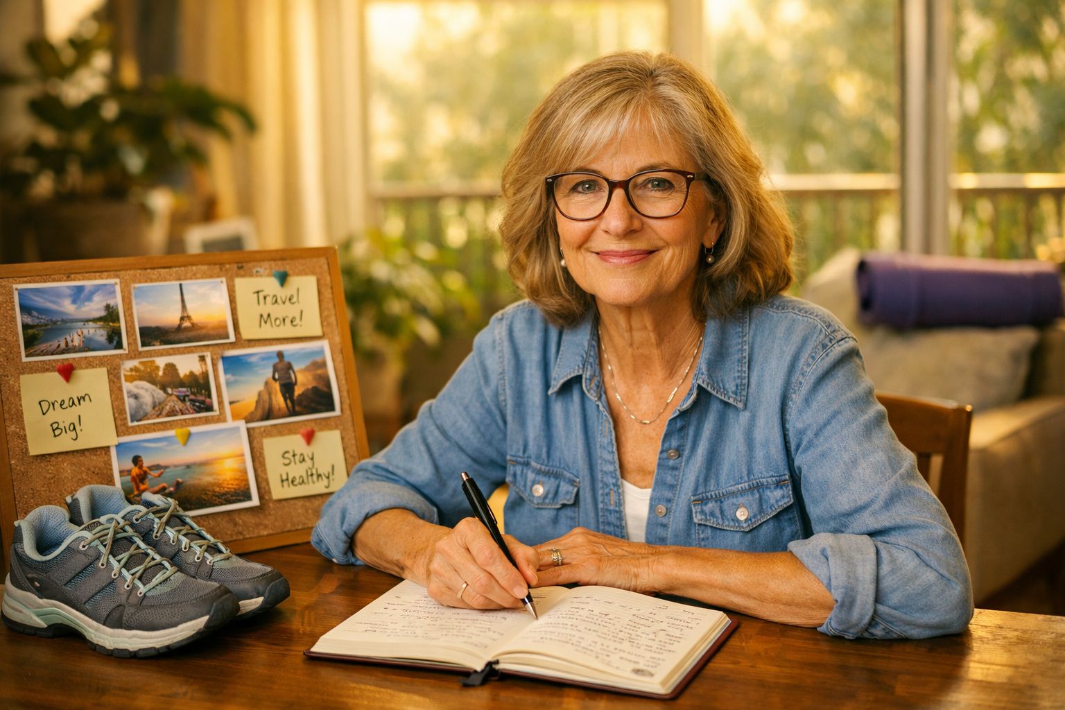 Mulher sorridente a escrever num caderno, com quadro de inspiração e sapatilhas junto ao fundo desfocado.