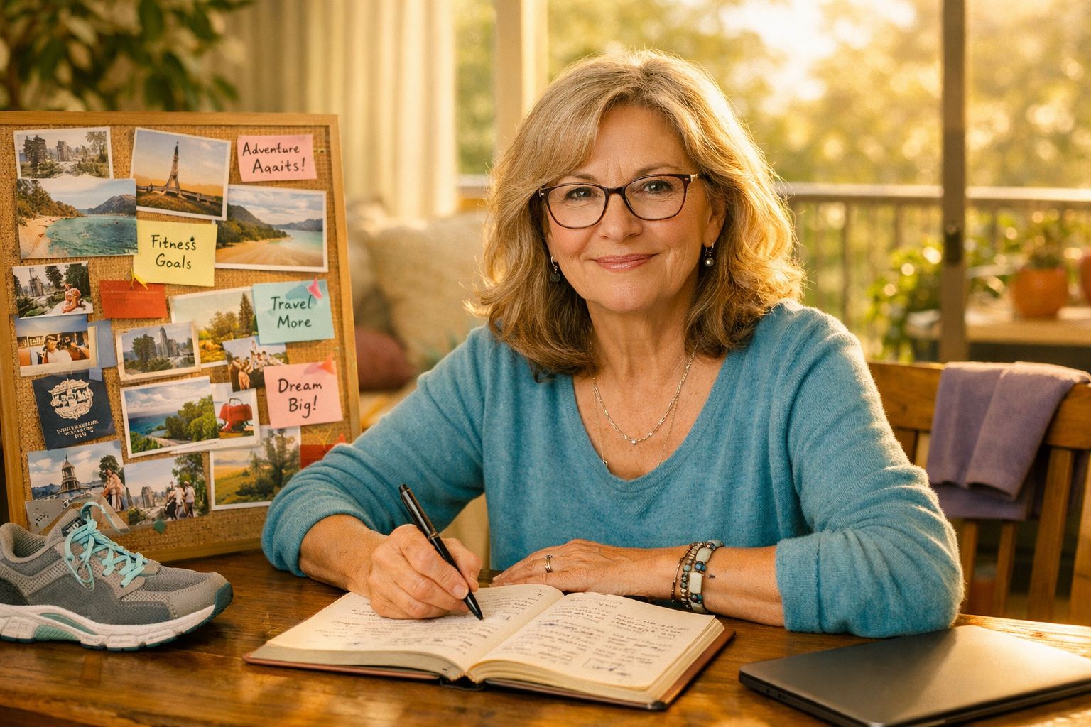 Mulher sorridente escreve num diário à mesa, ao lado de painel com fotos e objetivos de viagem e fitness.