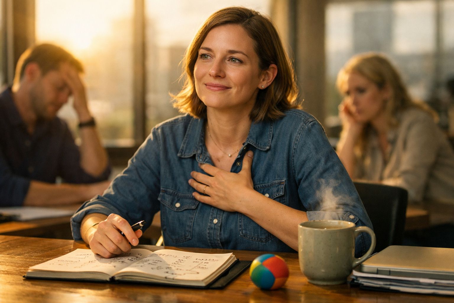Mulher sorridente com mão no peito, sentada a uma mesa com caderno, caneta e chá quente à sua frente.