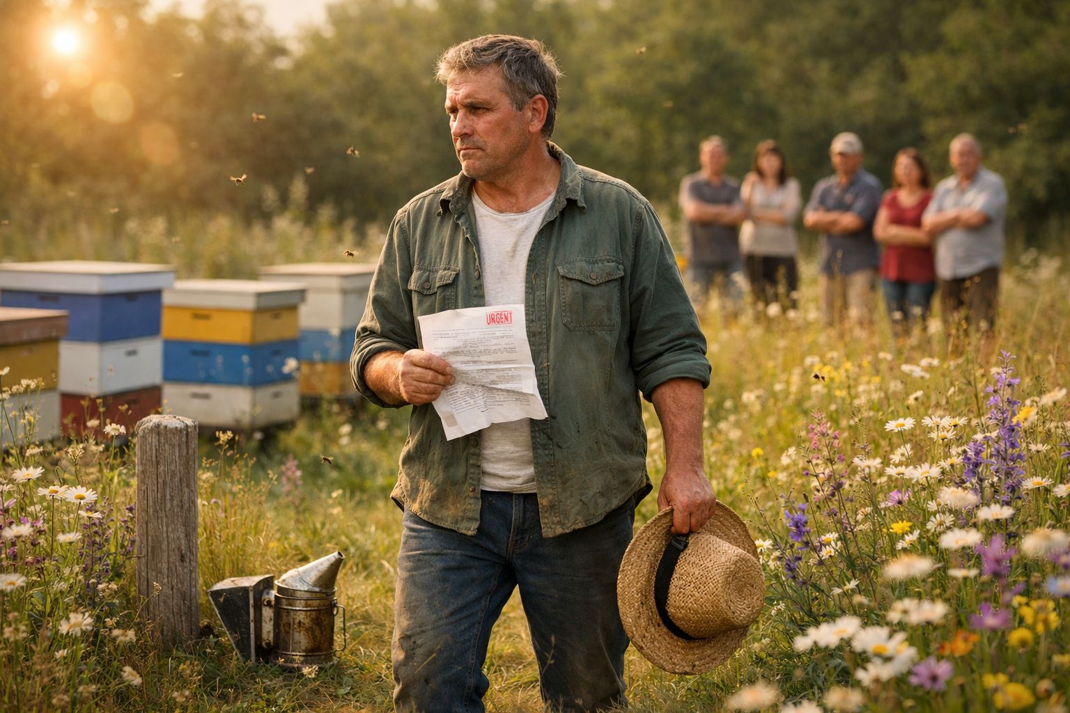 Homem no campo junto a colmeias, segurando papel e chapéu, com grupo de pessoas ao fundo.
