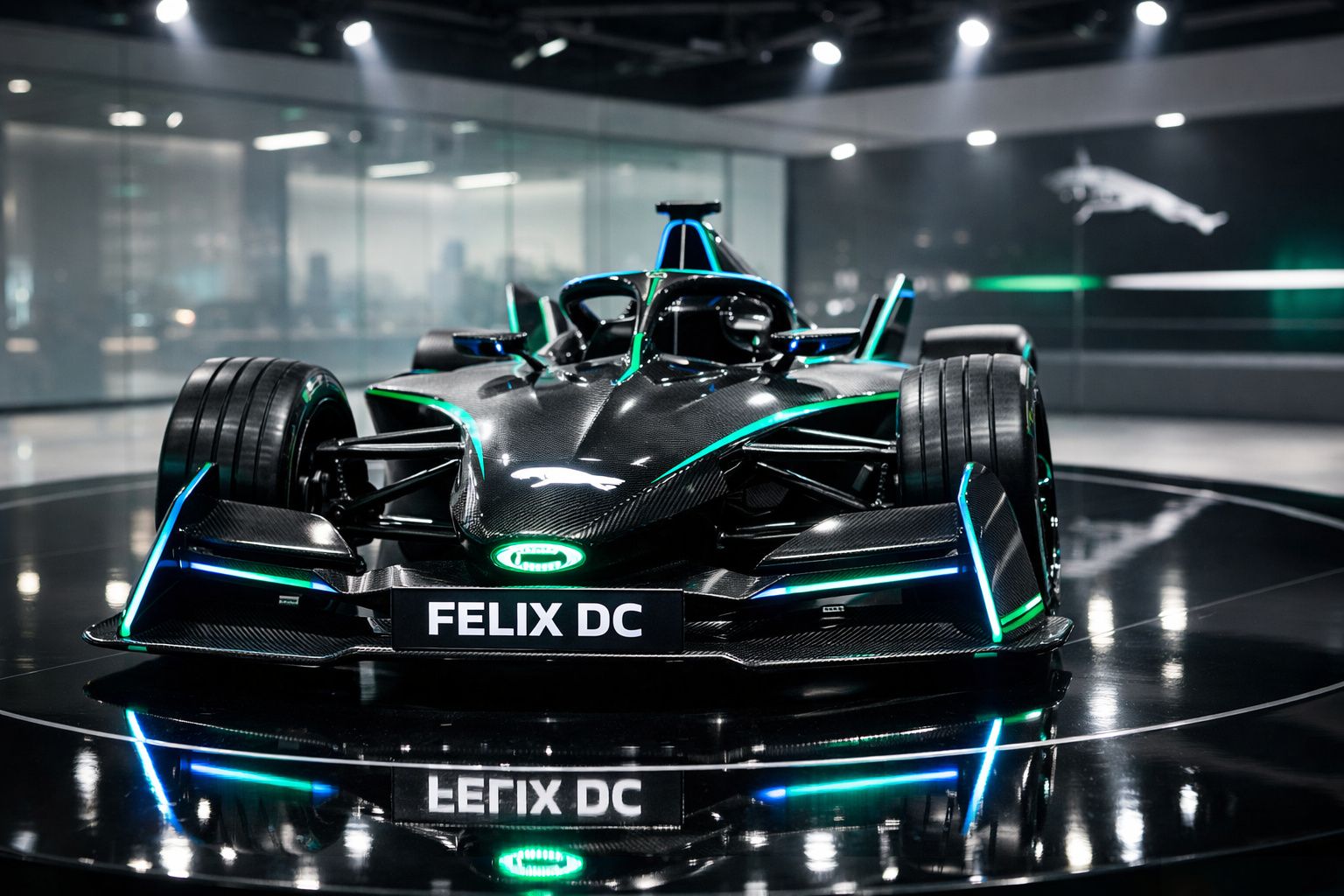 Carro de Fórmula elétrico preto com luzes azuis e verdes exposto em ambiente moderno.