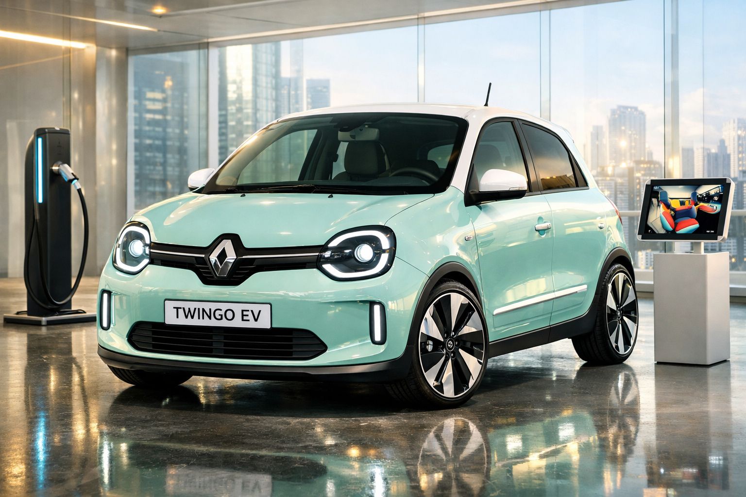 Carro elétrico Renault Twingo EV verde claro estacionado em espaço interior junto a posto de carregamento.
