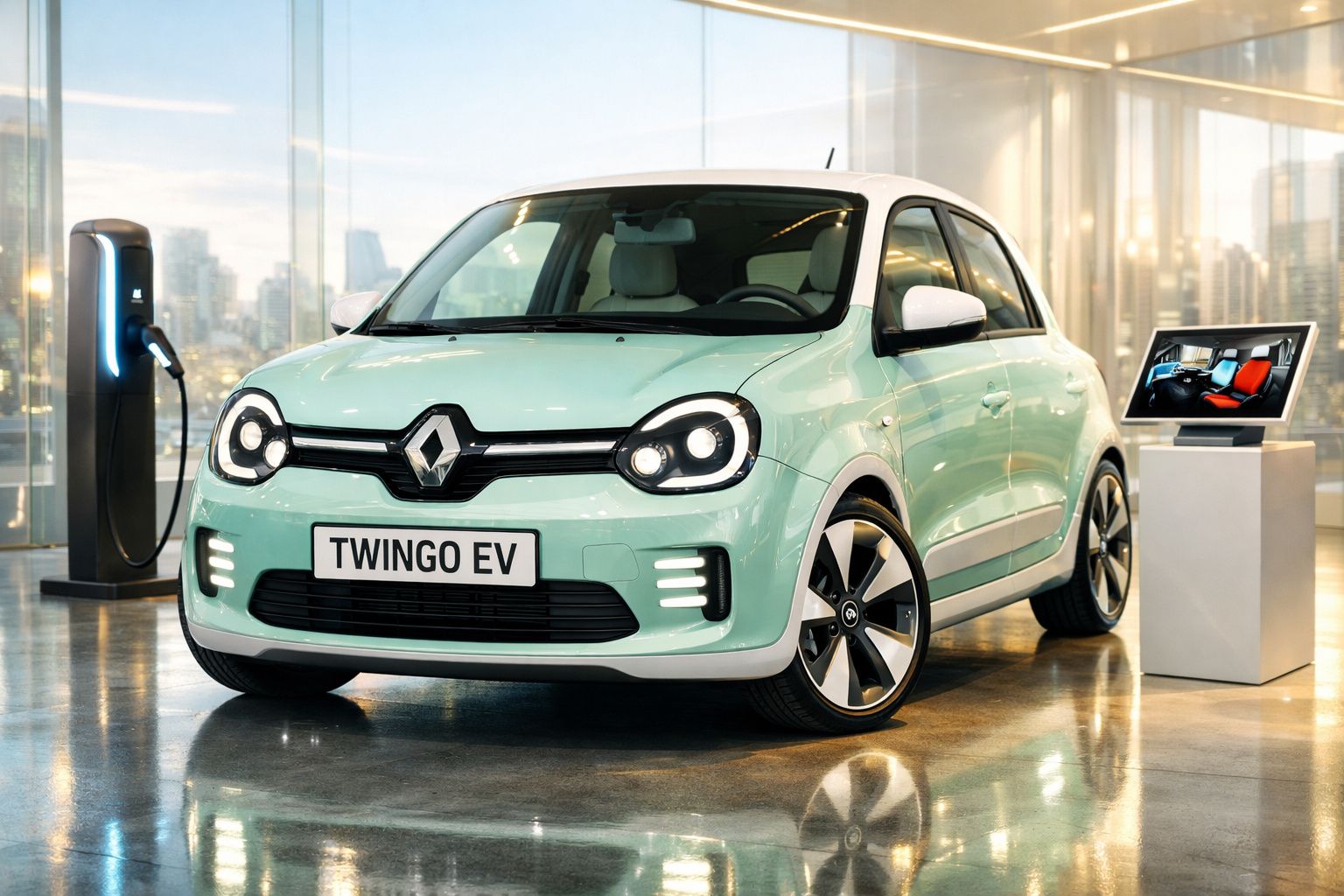 Renault Twingo EV verde claro estacionado ao lado de posto de carregamento em showroom moderno.
