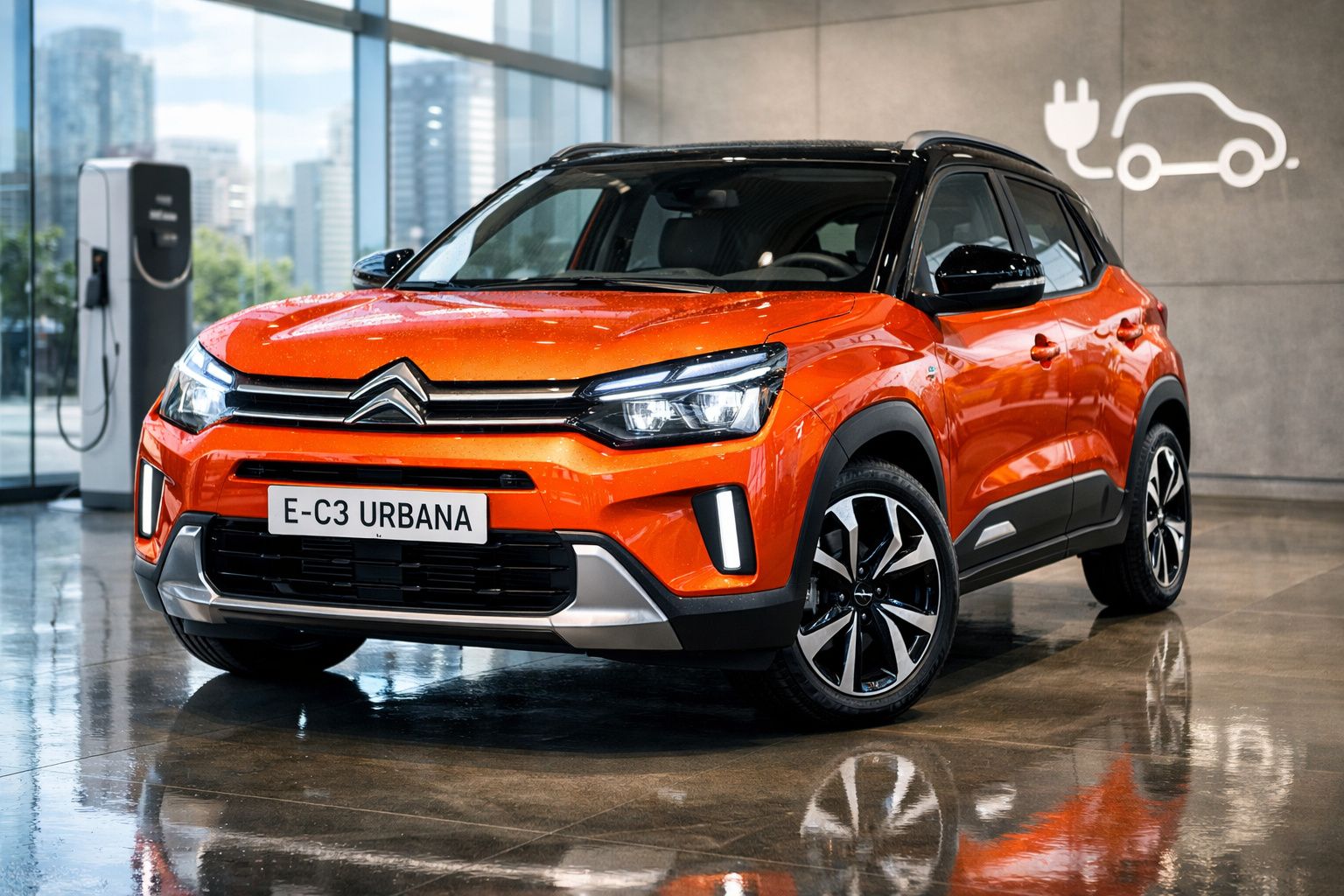 Carro elétrico Citroën E-C3 Urbana laranja estacionado em showroom moderno com chão refletor.