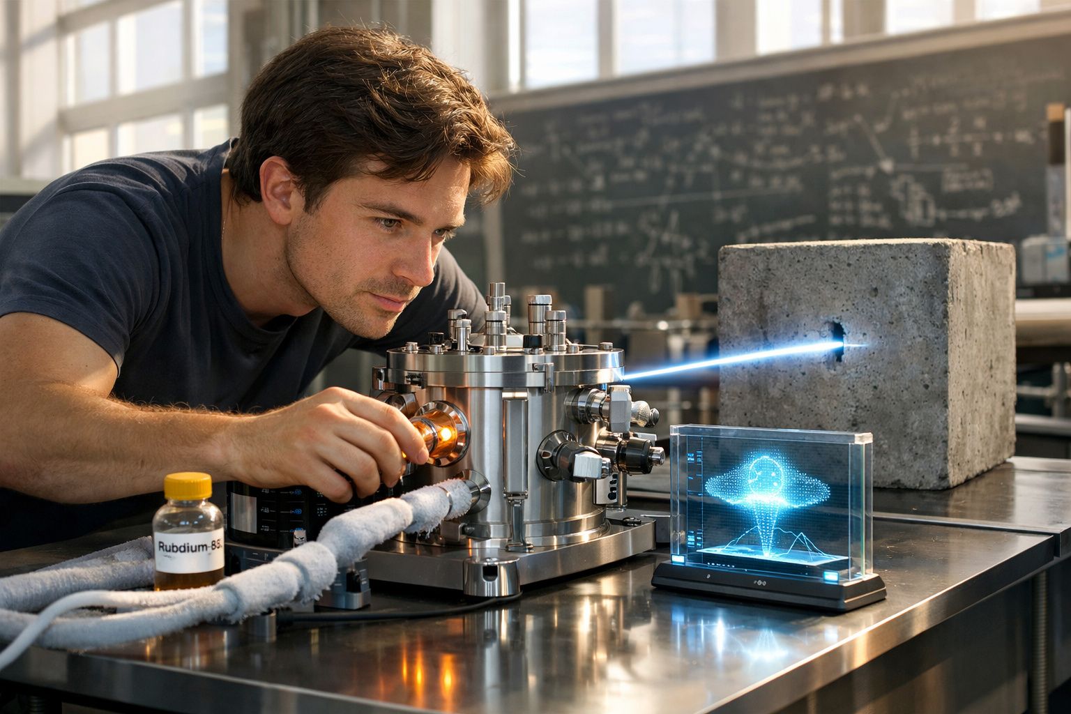 Homem a operar equipamento de alta tecnologia que projeta holograma azul numa bancada de laboratório.