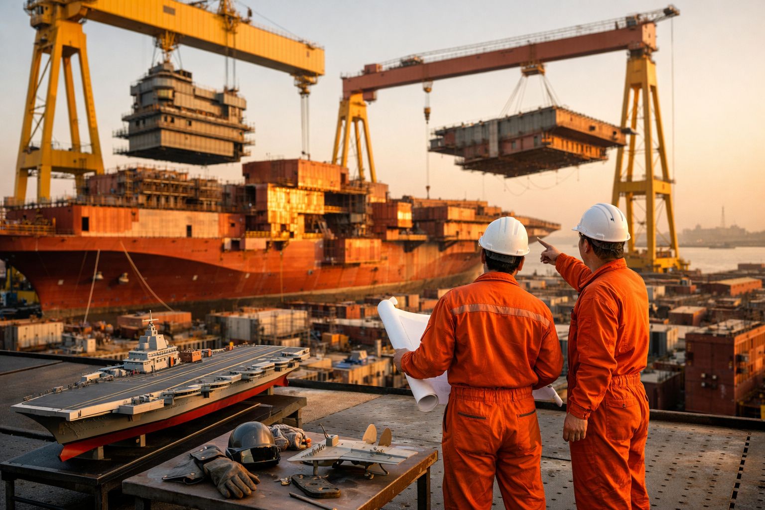 Dois engenheiros com capacetes e fato laranja observam construção de navio em estaleiro ao pôr do sol.