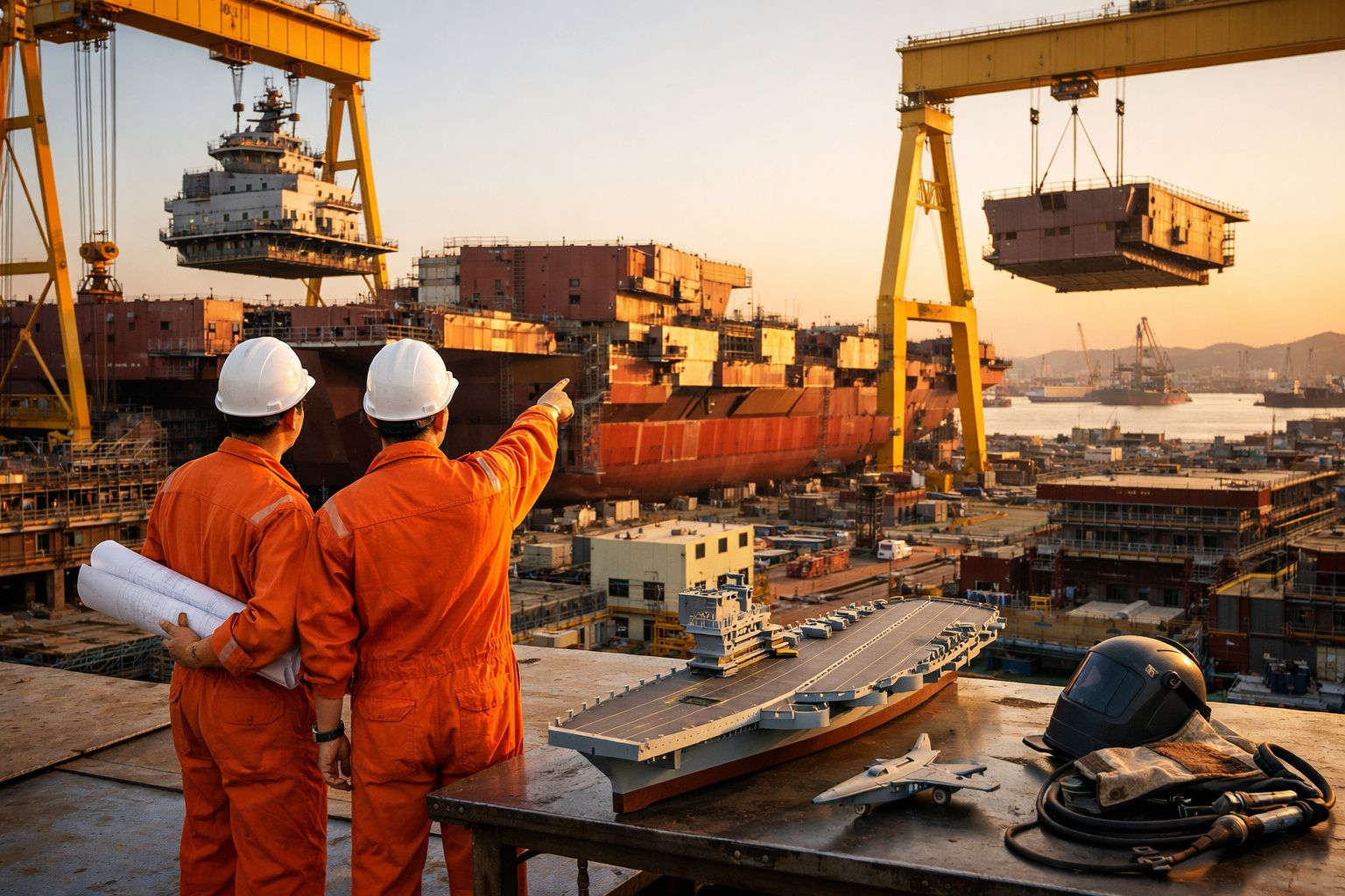 Dois operários com fato laranja e capacete observam construção naval com guindaste em estaleiro ao pôr do sol.