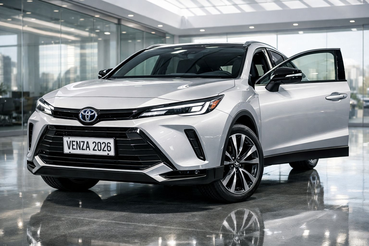 Toyota Venza 2026 prateado com porta dianteira aberta em showroom moderno.