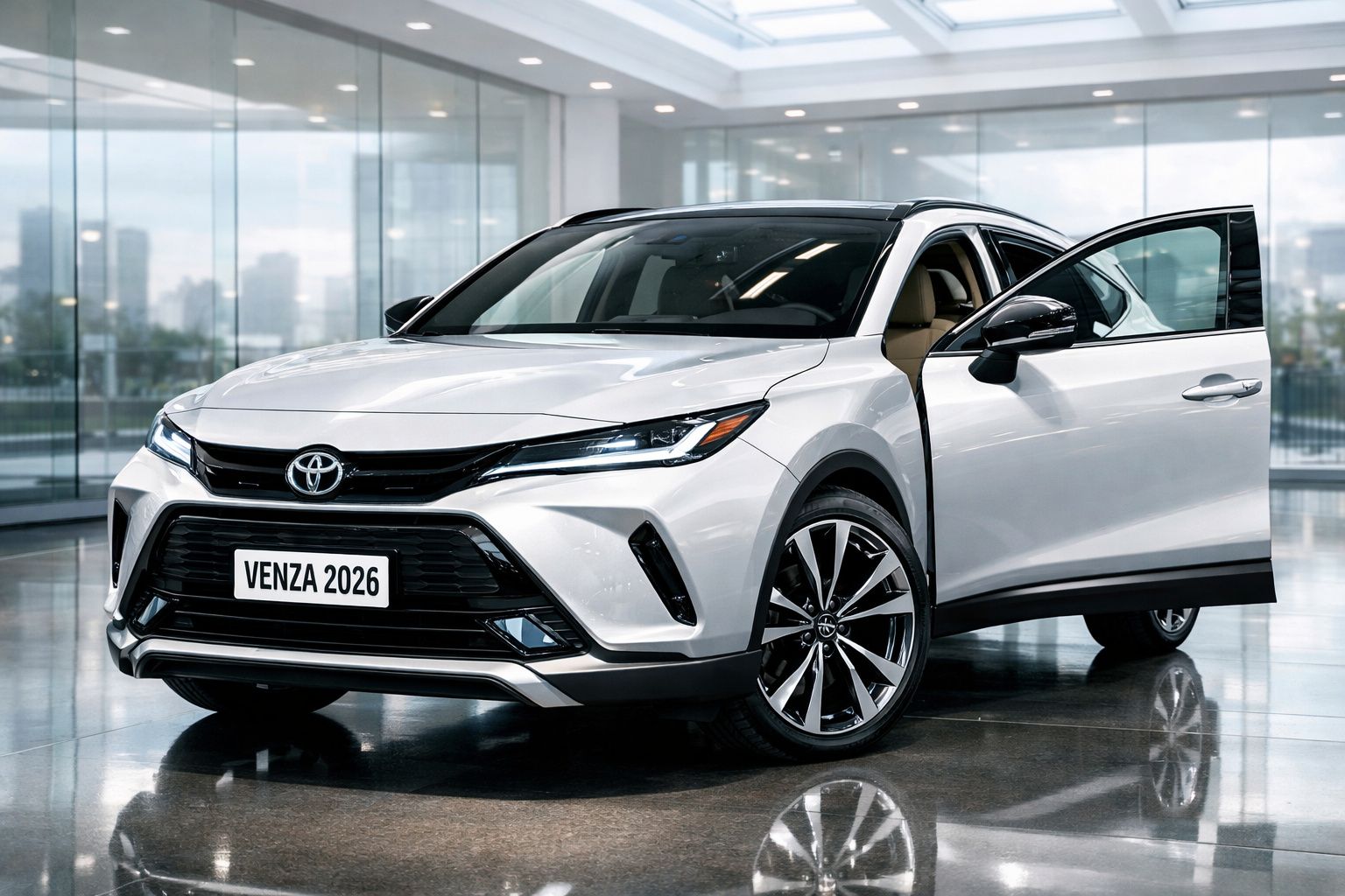 Toyota Venza 2026 branco com porta dianteira aberta, estacionado num espaço interior moderno.