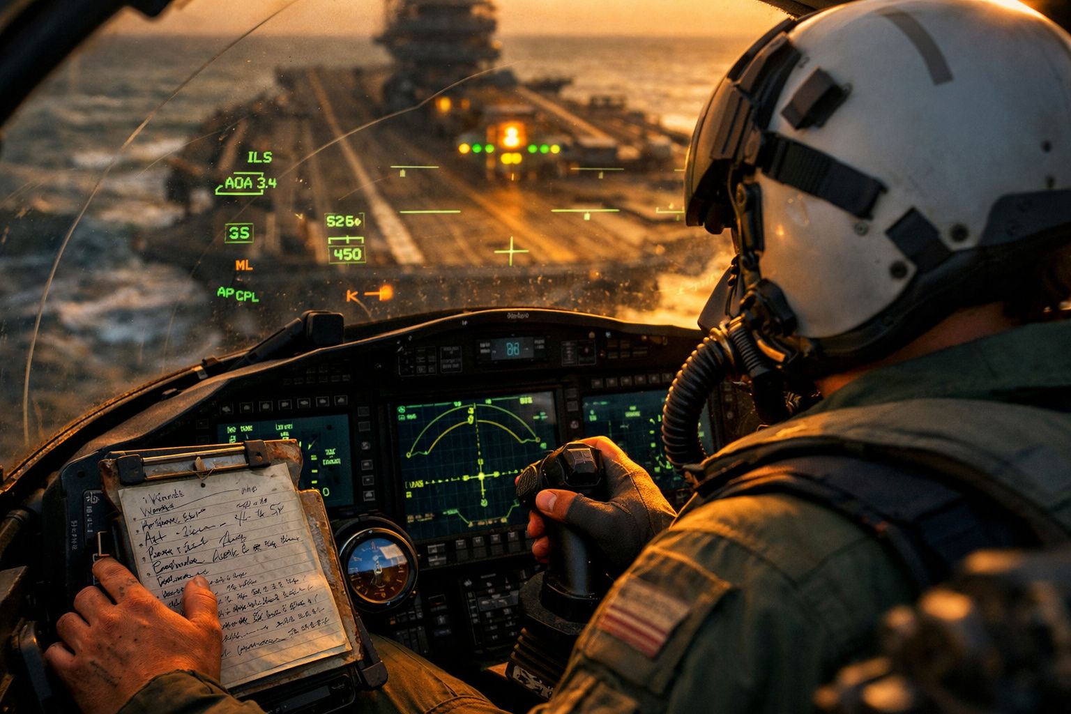 Piloto militar na cabine de um helicóptero aproximando-se para aterragem ao pôr do sol.