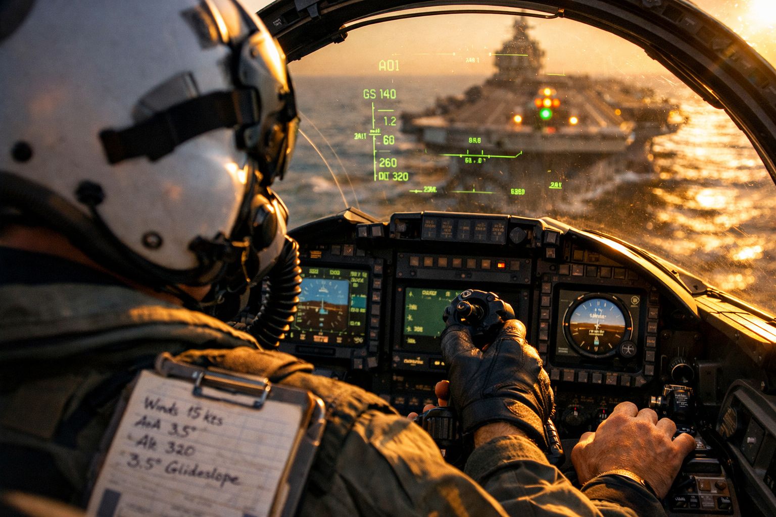 Piloto dentro de avião militar a aproximar-se de um porta-aviões durante o pôr do sol.