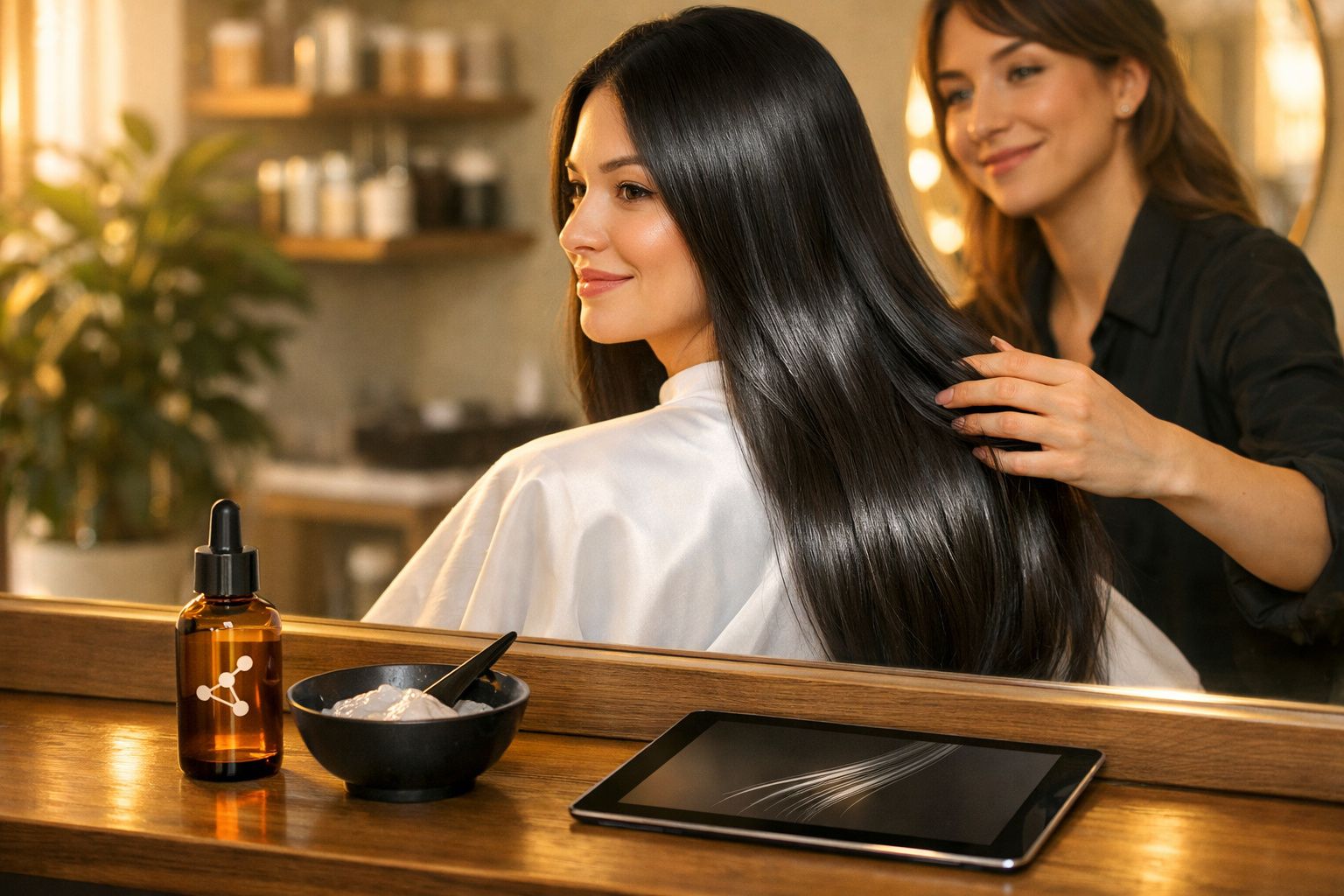 Mulher com cabelo comprido e brilhante recebe tratamento capilar num salão de beleza moderno.