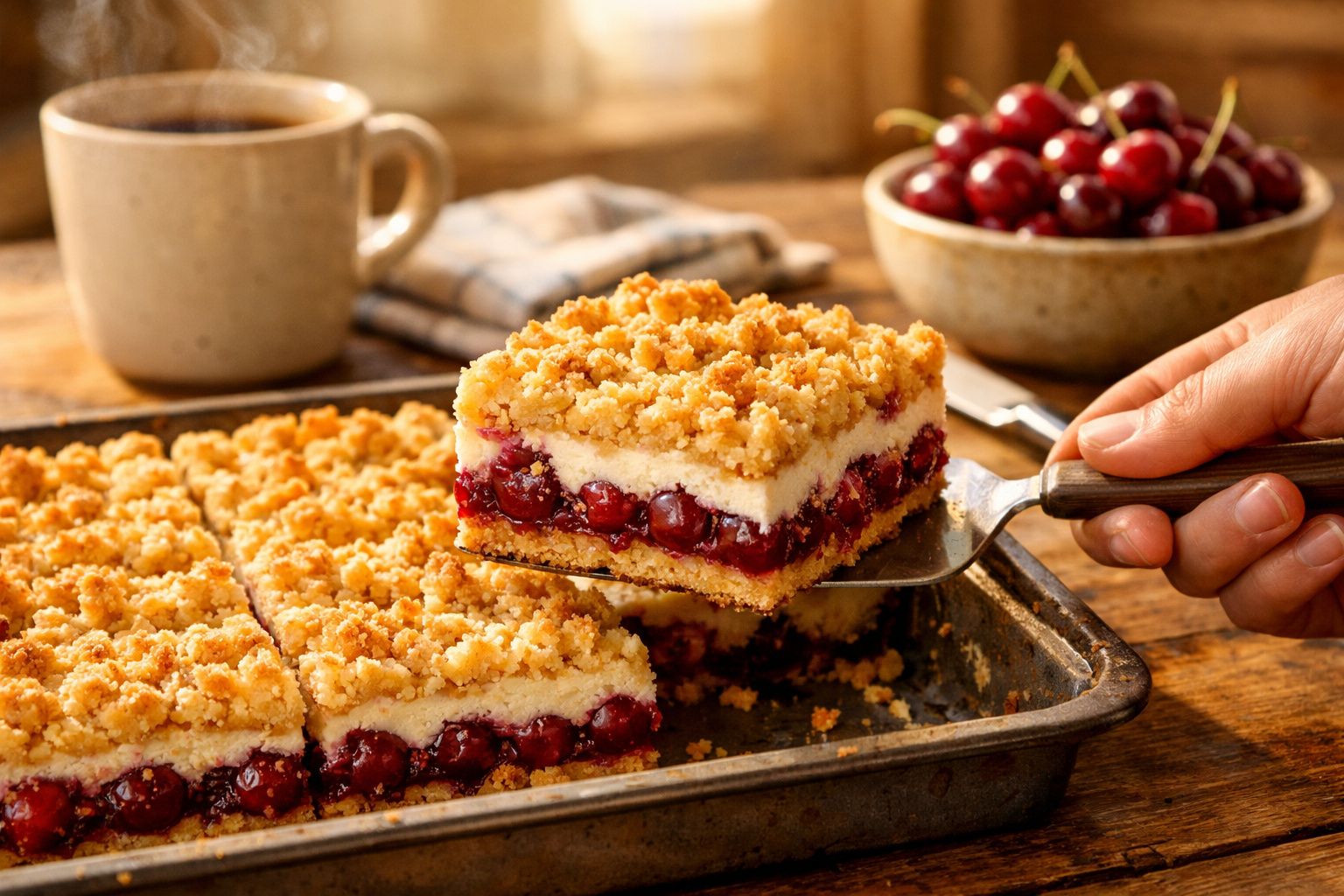 Pedaço de bolo crumble com recheio de cereja a ser retirado de tabuleiro, com chávena e taça de cerejas ao fundo.