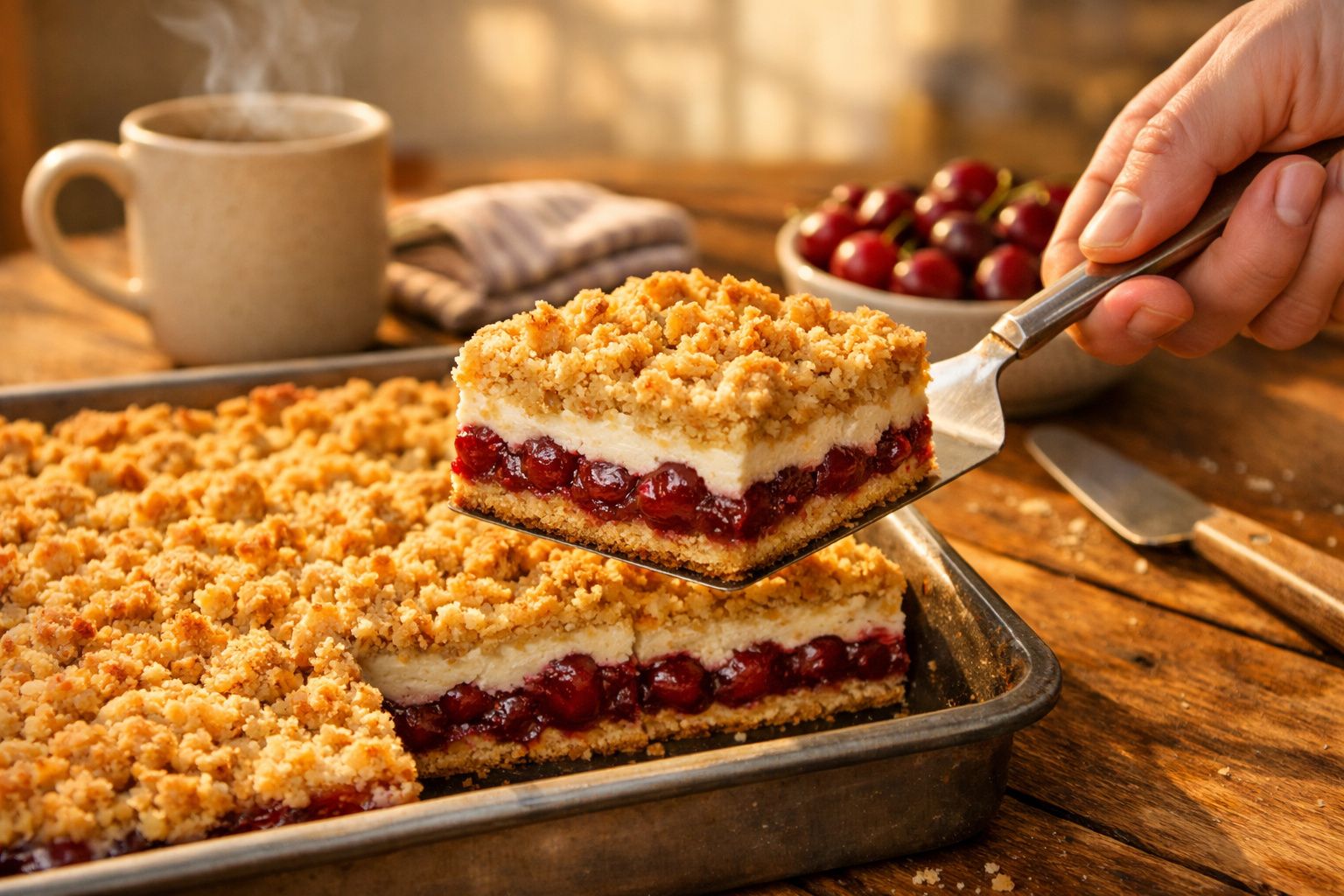 Fatias de tarte de cereja com cobertura crocante, em tabuleiro, sobre mesa de madeira.
