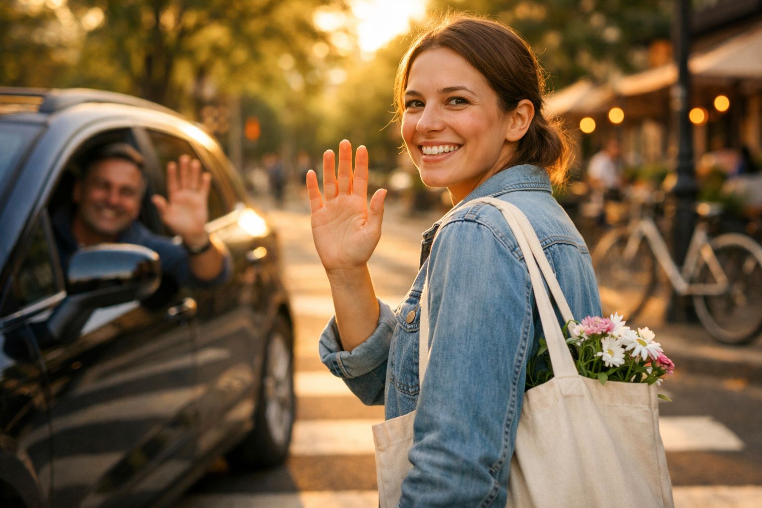 Mulher sorridente acena ao homem num carro estacionado numa rua iluminada pelo pôr do sol.
