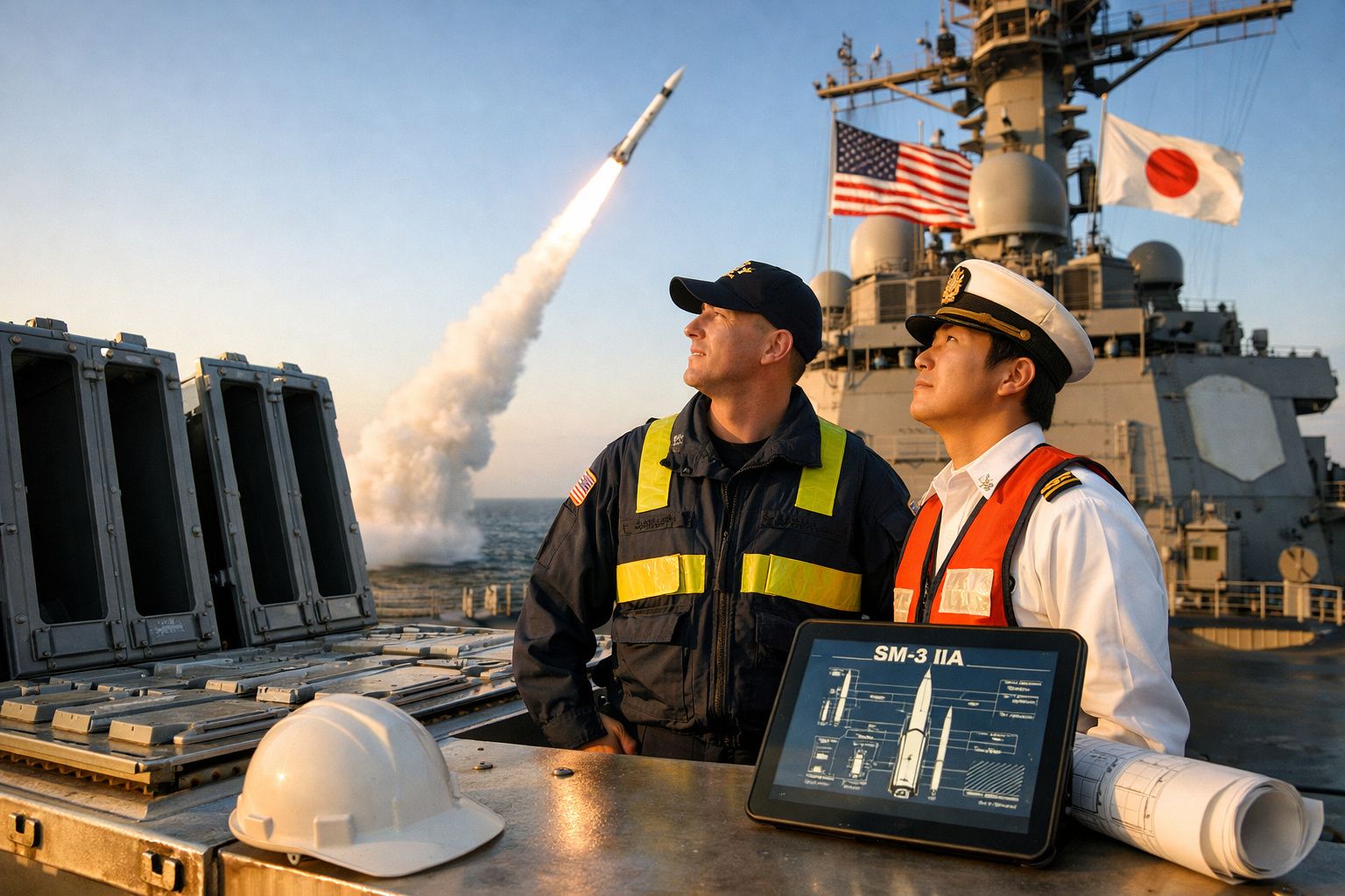 Dois militares observam lançamento de míssil a partir de navio de guerra com bandeiras dos EUA e Japão ao fundo.