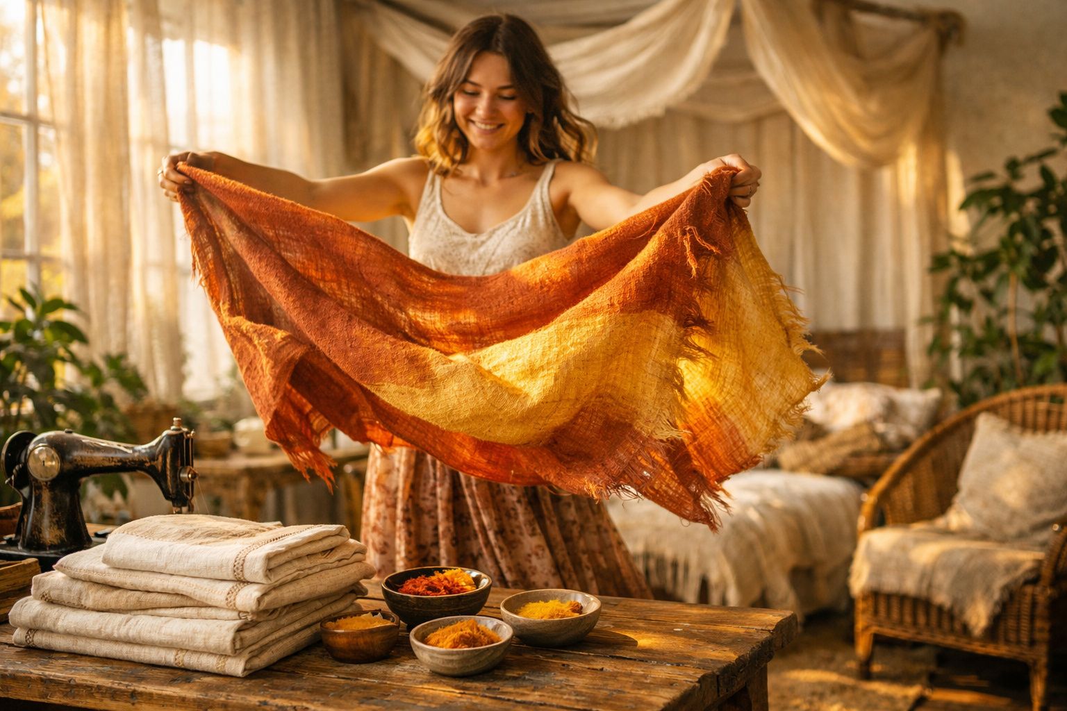 Mulher a segurar tecido tingido à mão com cores quentes numa sala acolhedora e iluminada.