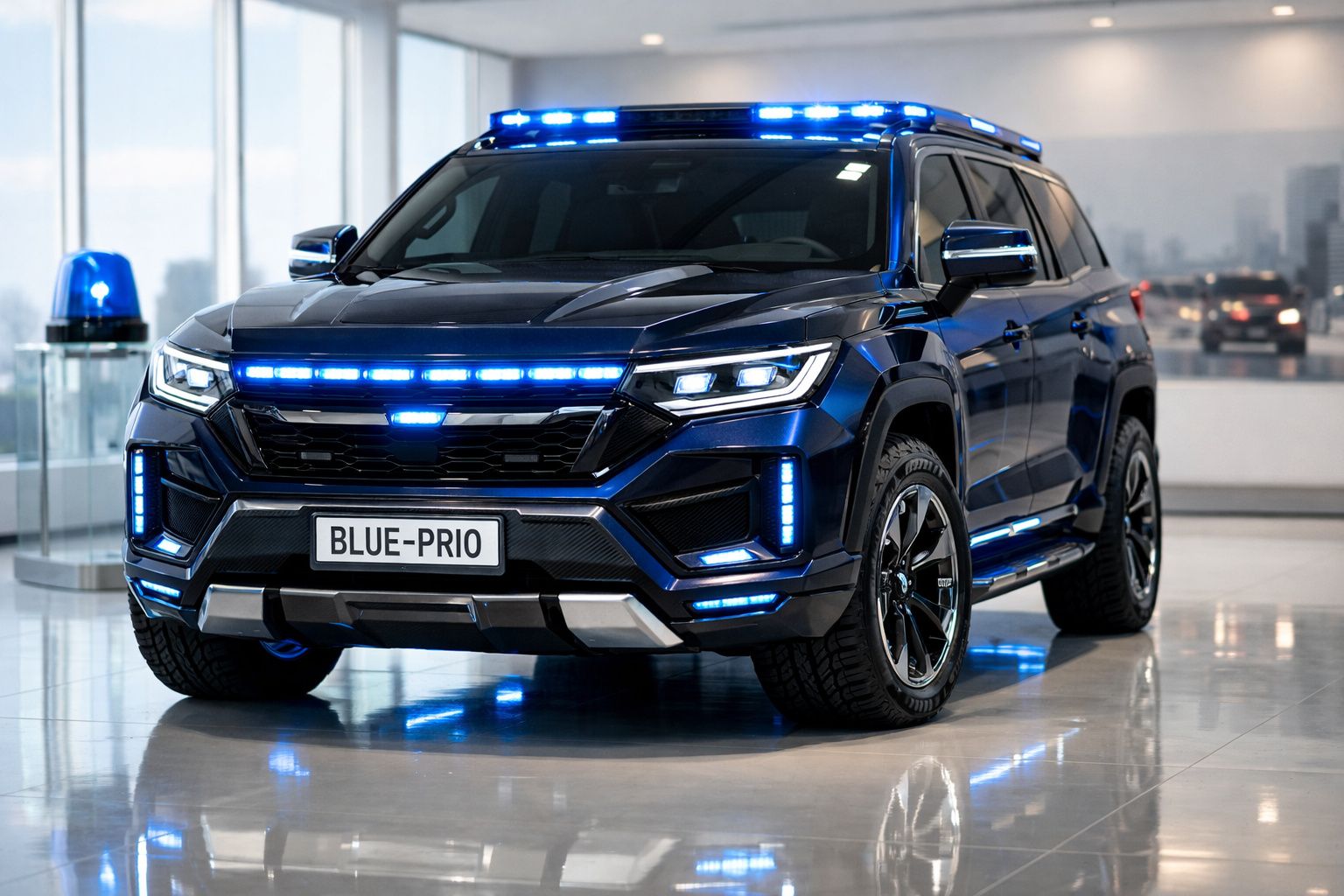 Carro policial SUV preto com luzes azuis ligadas num espaço interior moderno.