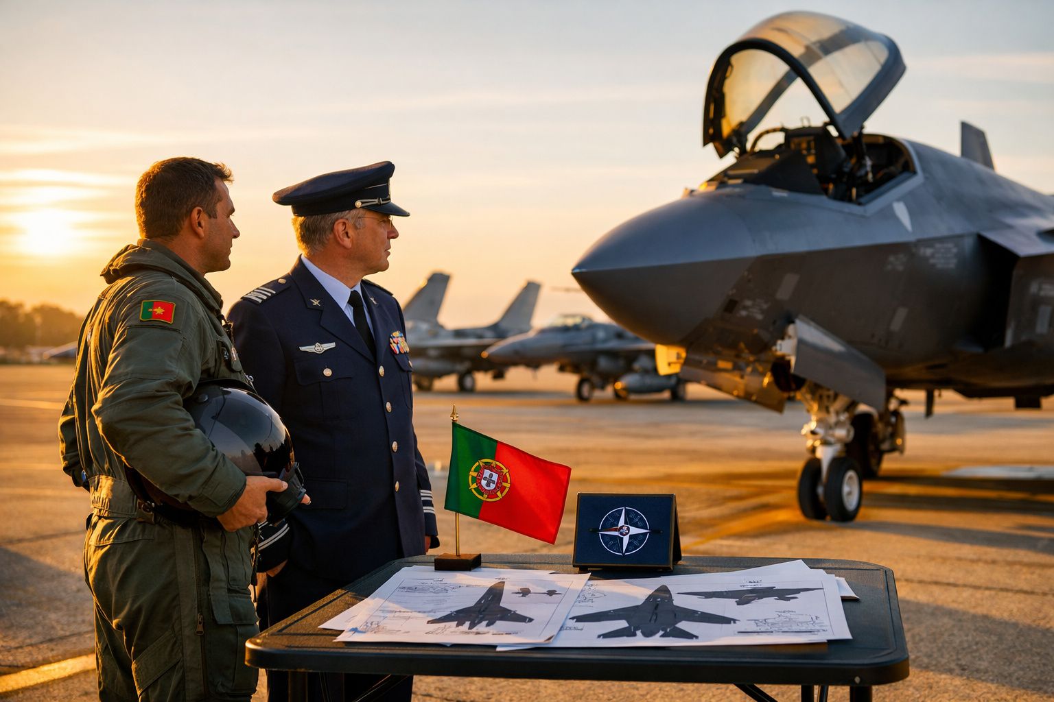 Dois militares portugueses observam avião de caça F-35 junto a desenhos técnicos e bandeiras de Portugal e NATO ao pôr do sol