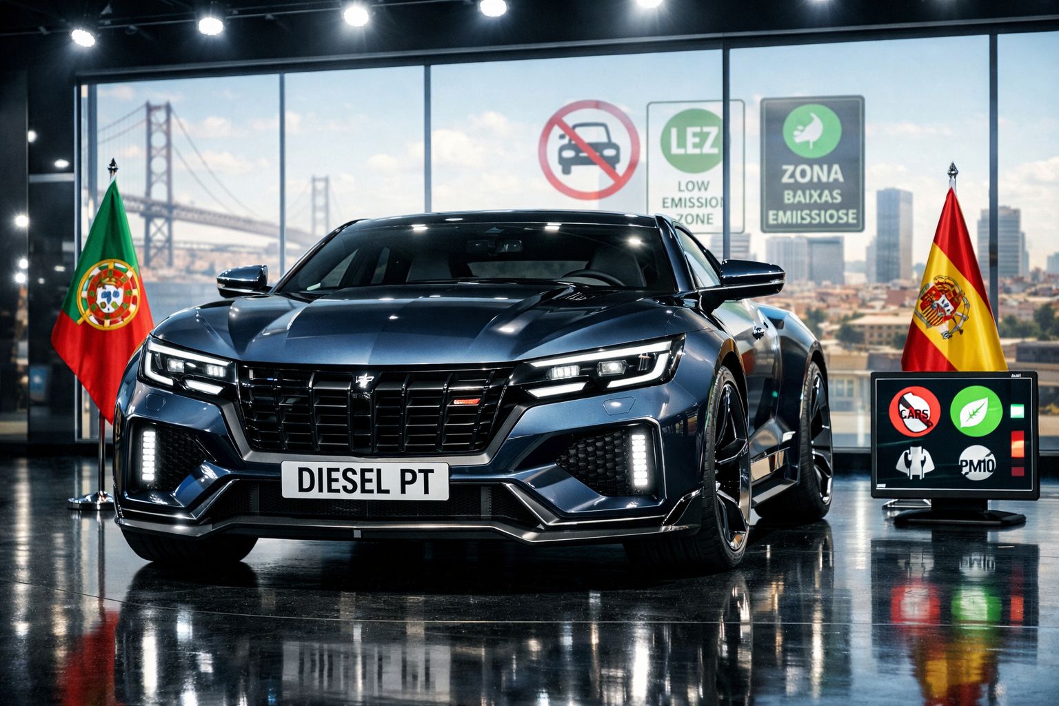 Carro desportivo azul escuro com matrícula "DIESEL PT" entre bandeiras de Portugal e Espanha, placas de baixa emissão ao fund