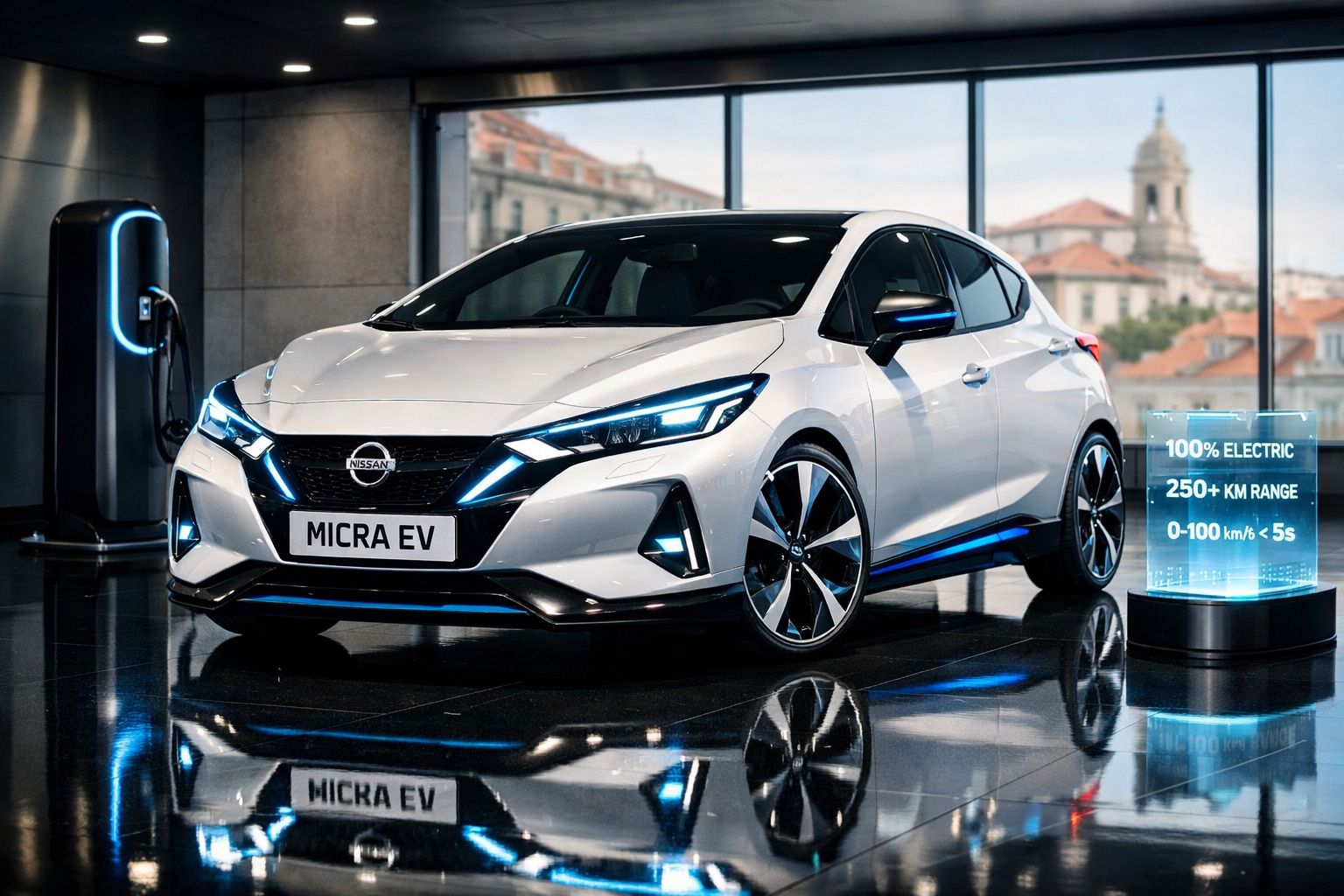 Carro elétrico branco Nissan Micra EV estacionado em interior moderno com carregador eléctrico e vista urbana ao fundo.