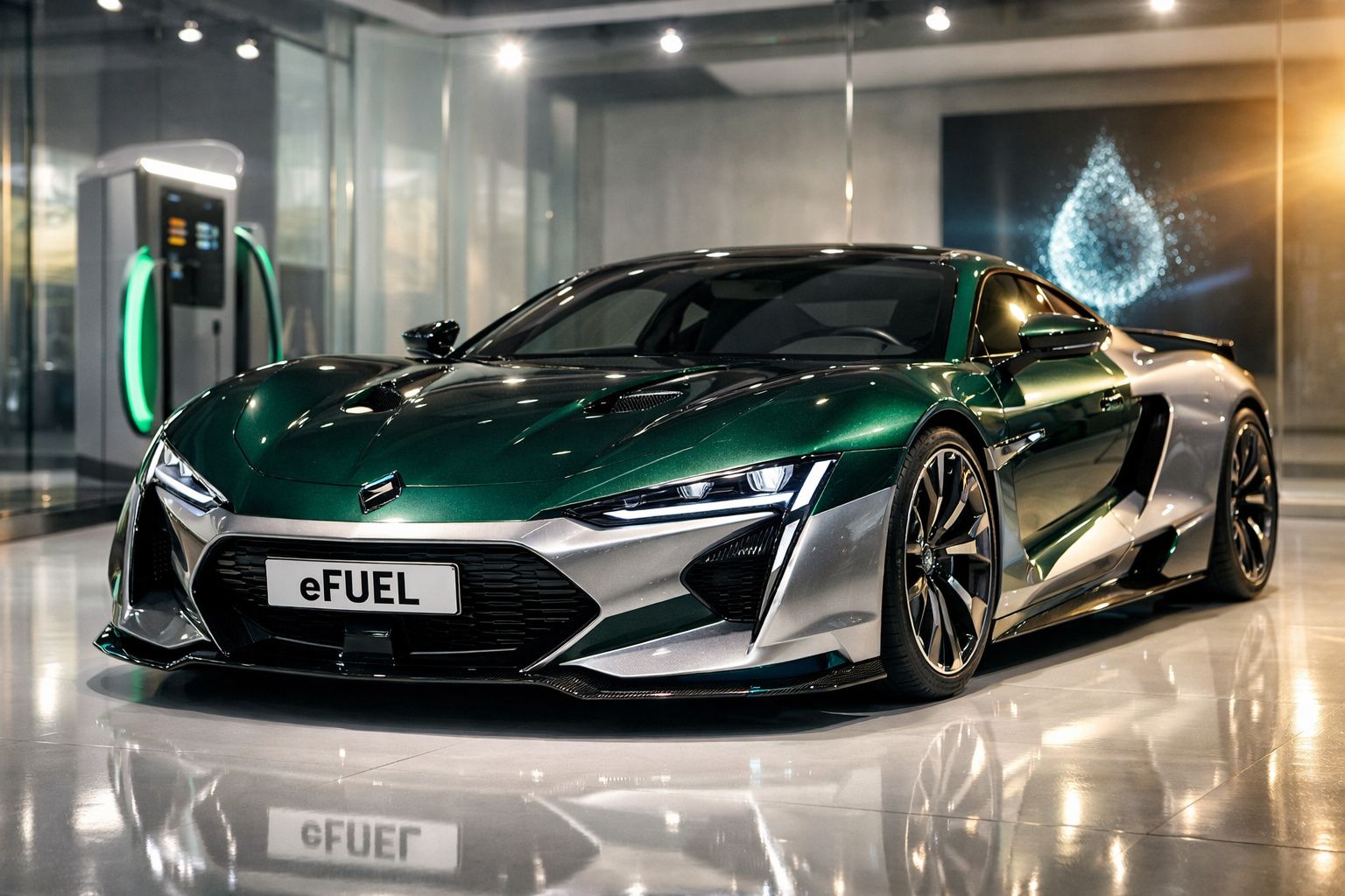 Carro desportivo verde e prateado estacionado em interior moderno com estação de carregamento elétrica.