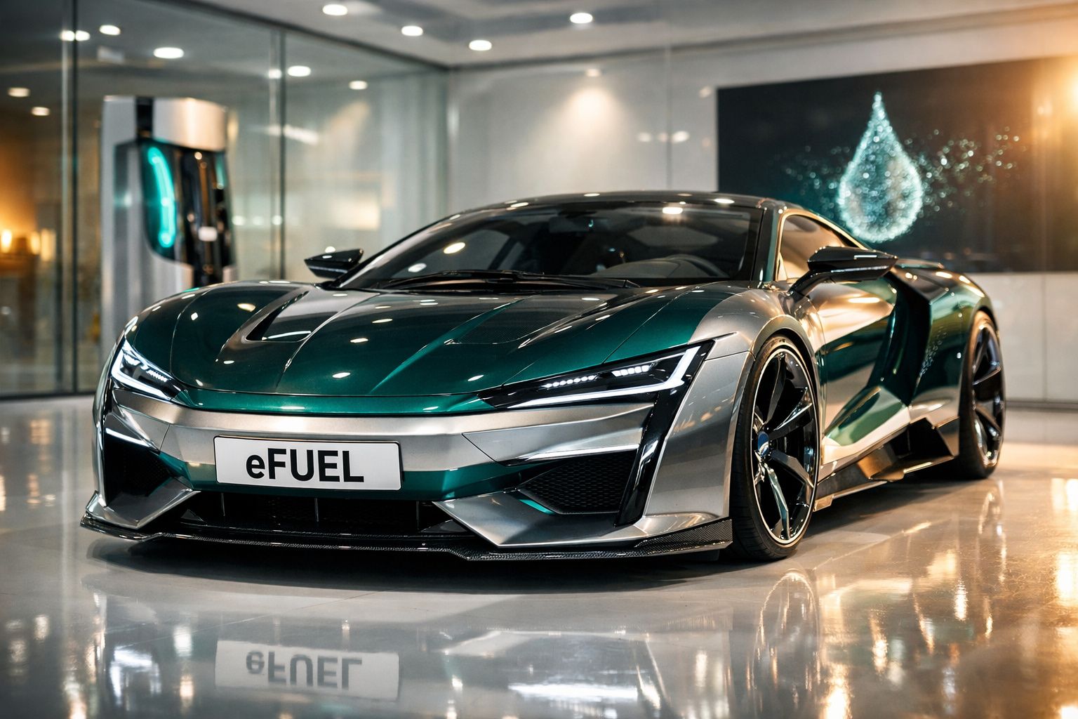 Carro desportivo elétrico verde metálico com design futurista estacionado em piso brilhante interior.