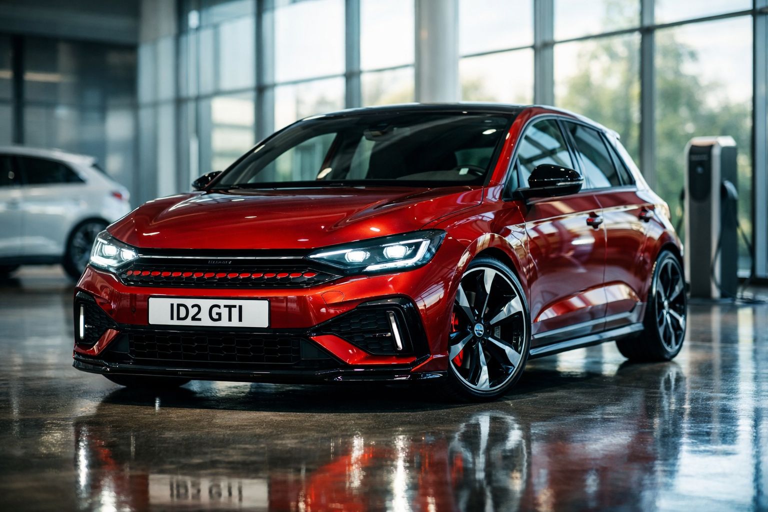 Carro elétrico desportivo vermelho Volkswagen ID2 GTI estacionado em interior moderno com piso refletor.