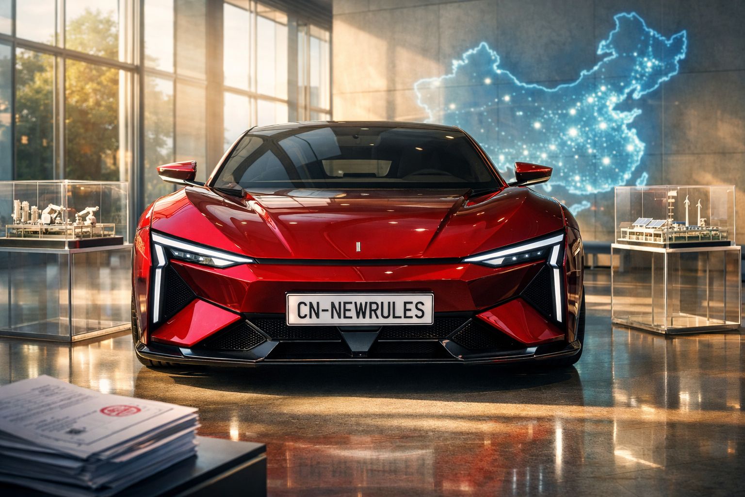 Carro desportivo vermelho futurista com luzes LED em exposição numa sala moderna.