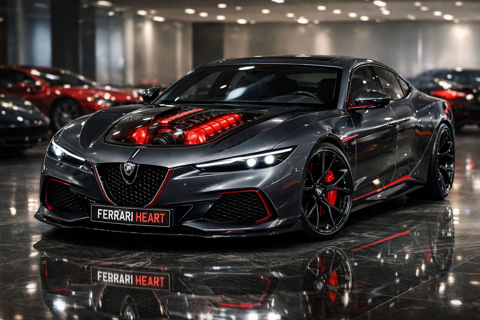 Carro desportivo cinza escuro com detalhes vermelhos e motor visível no capot num showroom moderno.