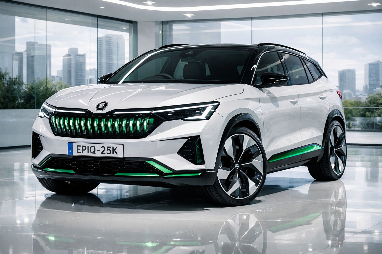 SUV elétrico branco com detalhes verdes, apresentado numa sala com grandes janelas e vista urbana.