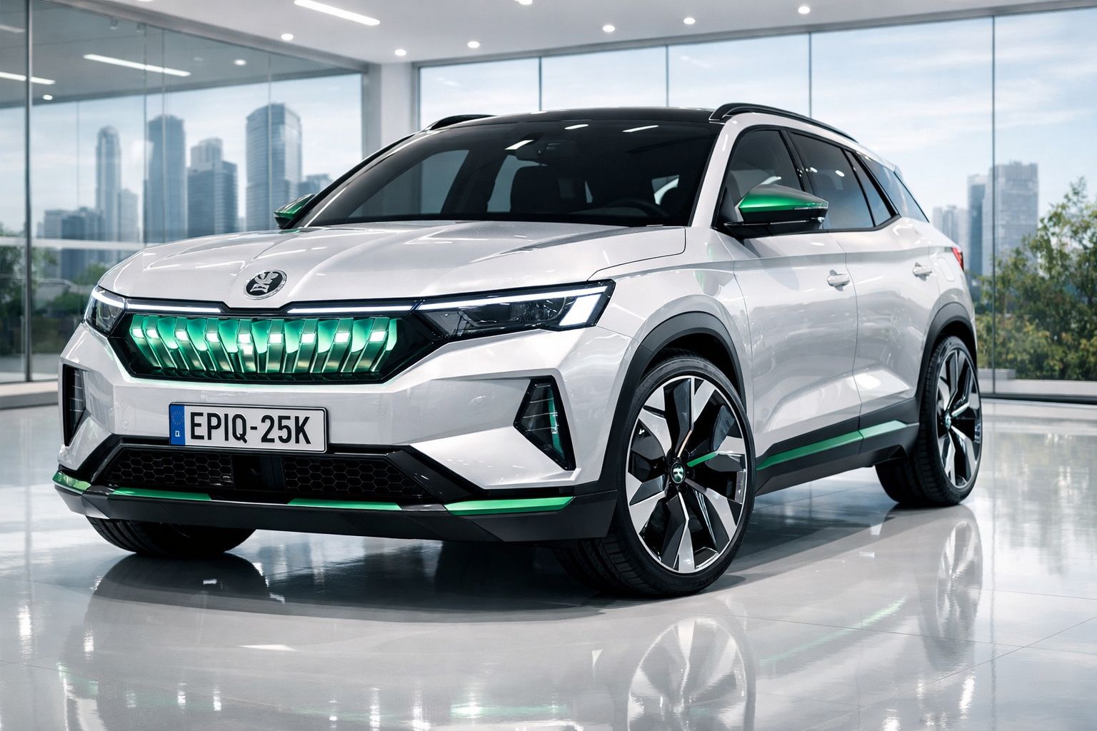 Carro elétrico moderno branco com detalhes verdes exibido num salão urbano com janelas panorâmicas.