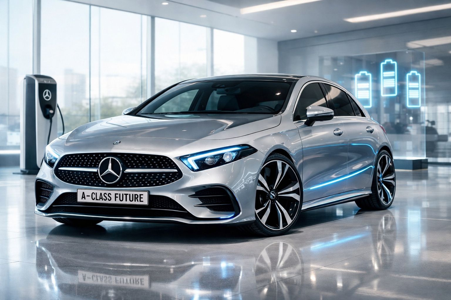 Carro elétrico Mercedes-Benz A-Class Future prateado estacionado em showroom com estação de carregamento ao fundo.