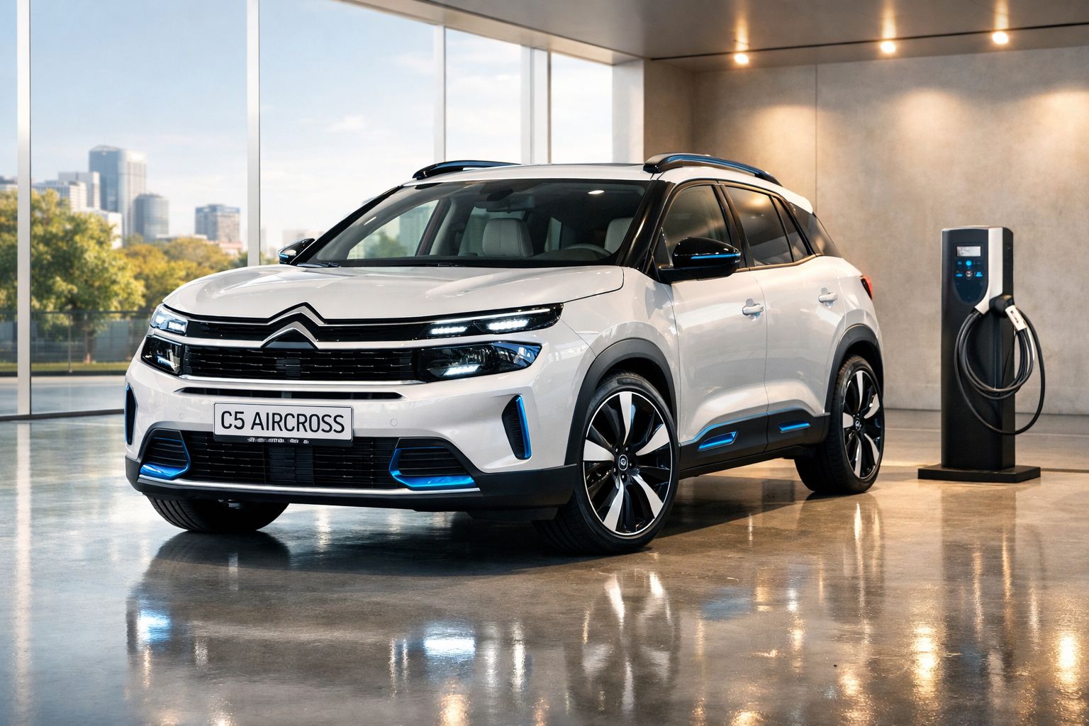 Carro Citroën C5 Aircross branco estacionado interior junto a posto de carregamento elétrico.