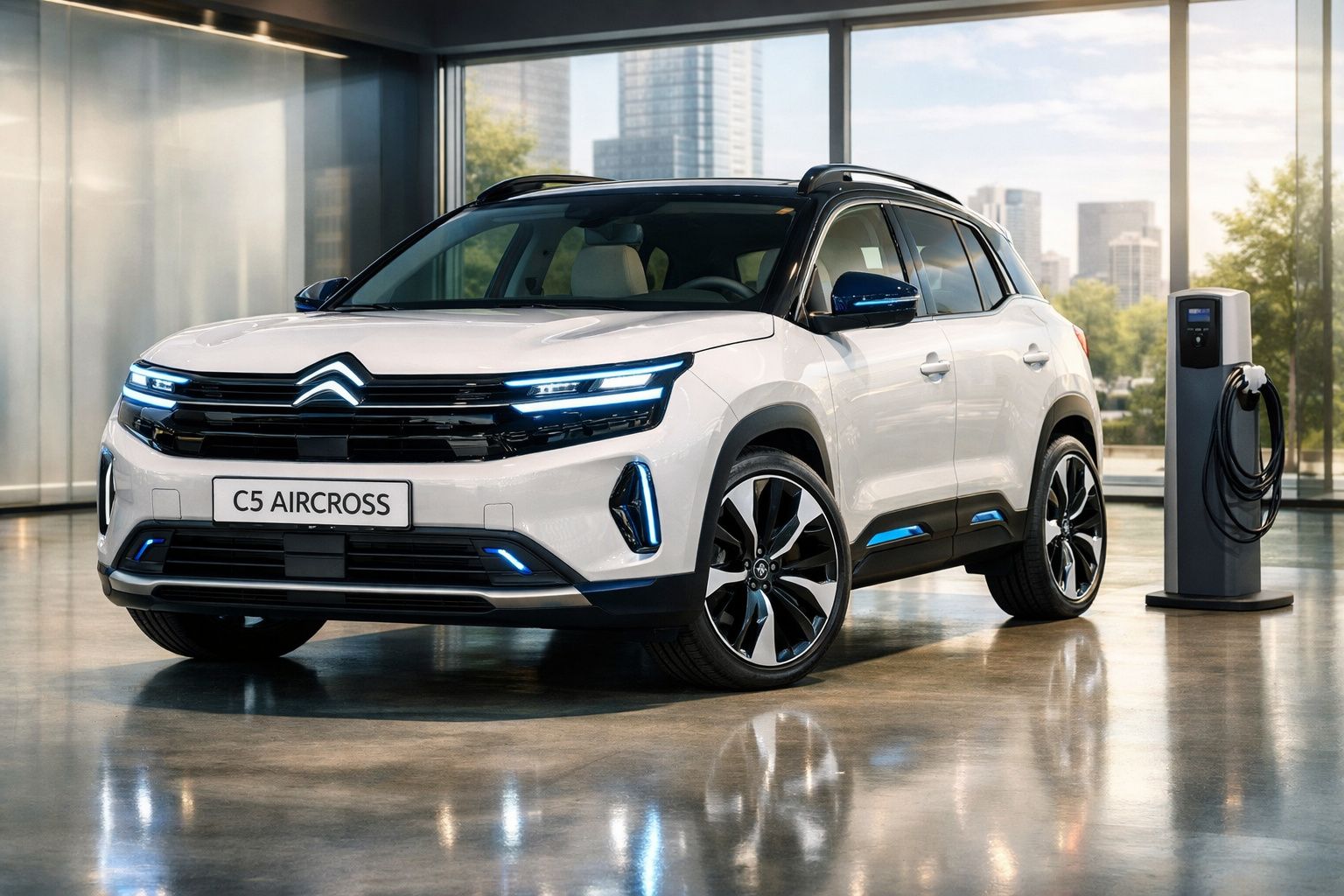 Veículo Citroën C5 Aircross branco com carregador elétrico em espaço interior moderno.
