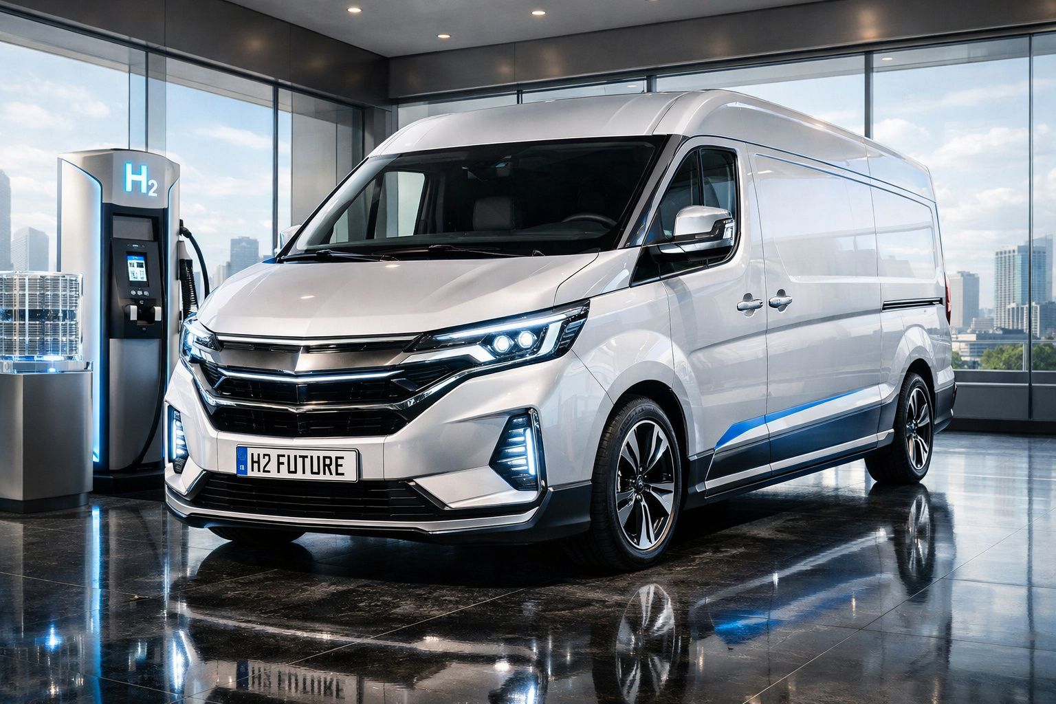 Furgão branco elétrico abastecendo numa estação de hidrogénio, com design moderno e luzes LED.