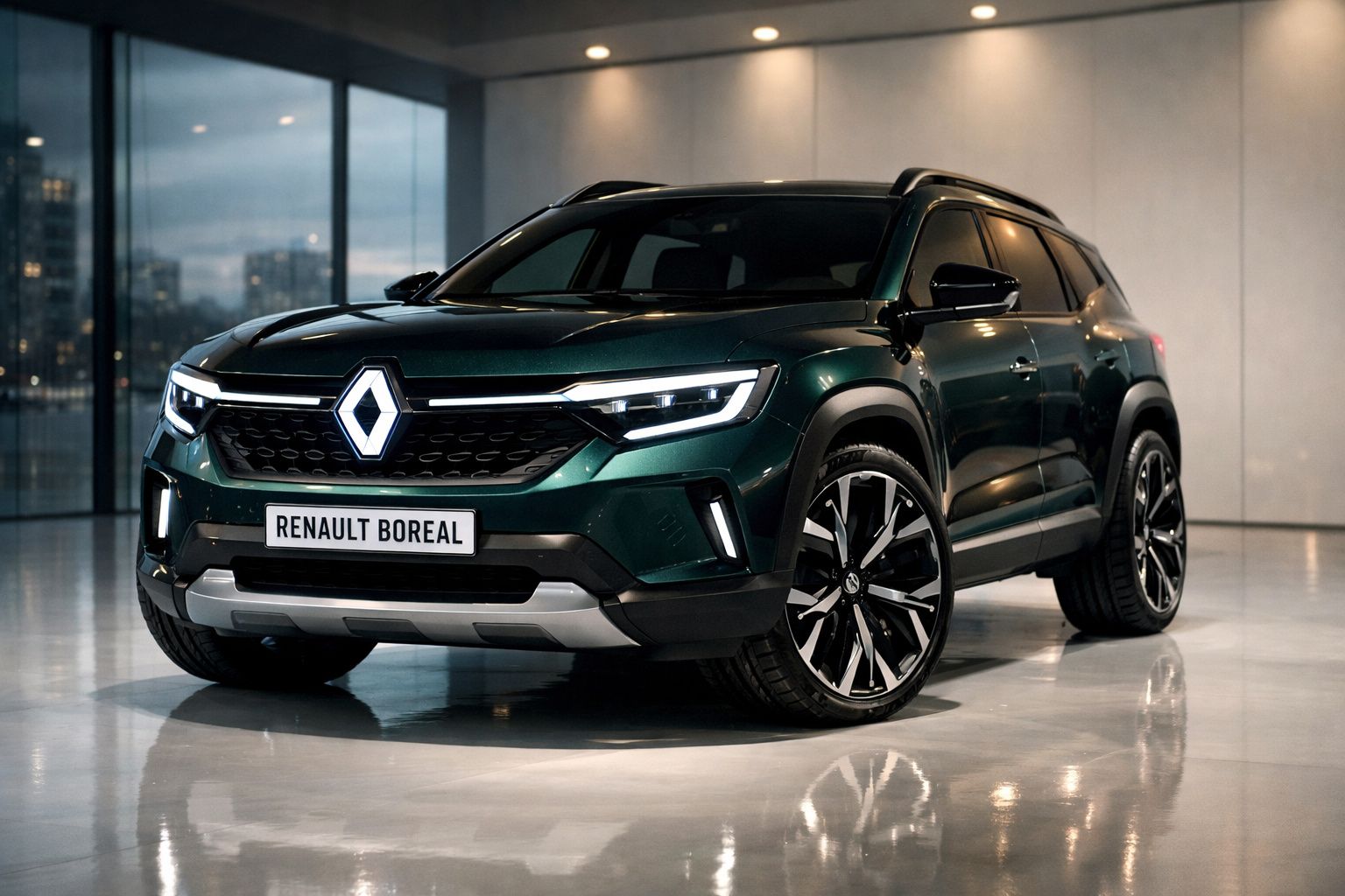 Renault Boreal verde escuro estacionado em pavimento brilhante com fundo interior moderno.