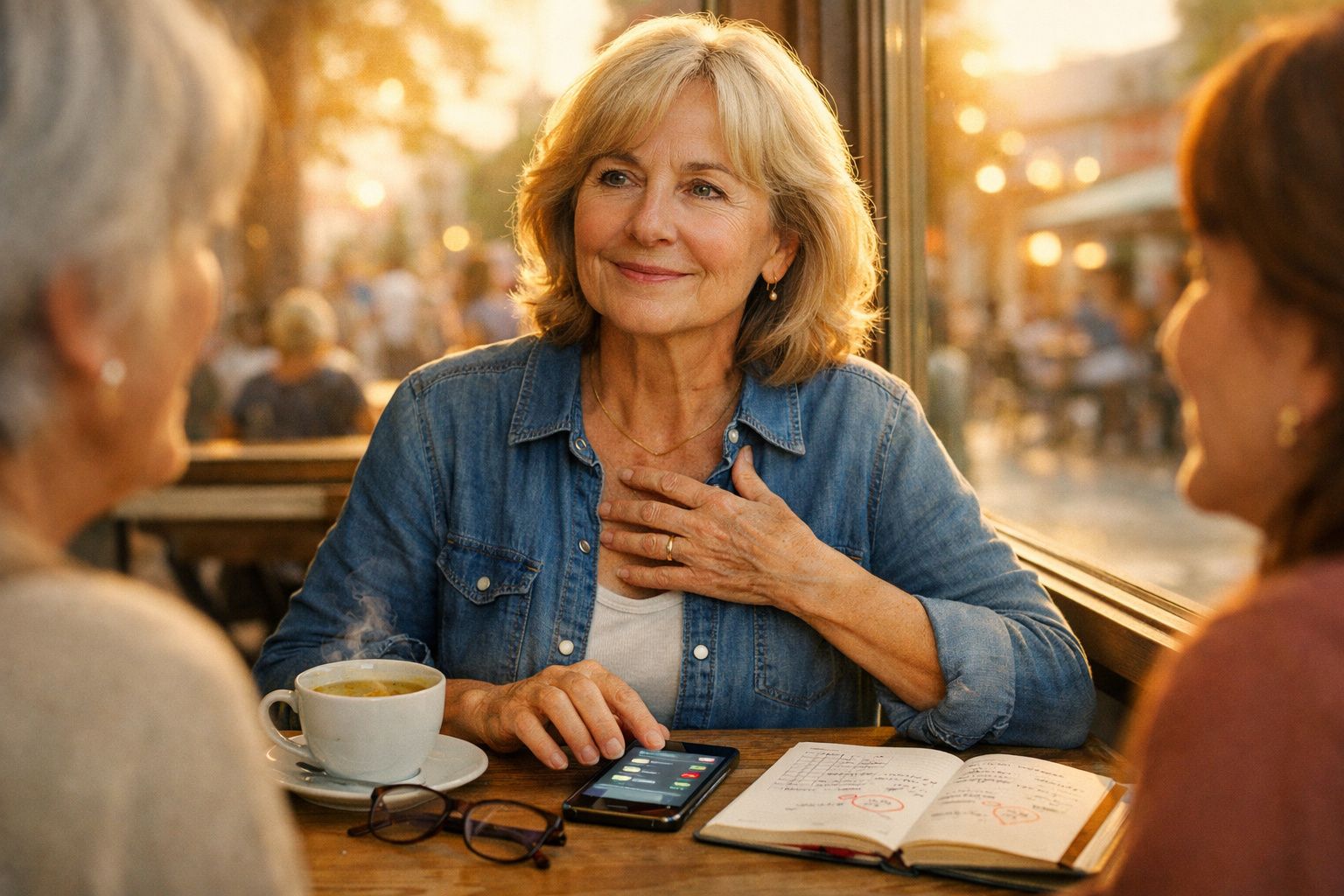 Mulher de meia-idade sorrindo e conversando com amigas numa esplanada ensolarada, com café e caderno à mesa.
