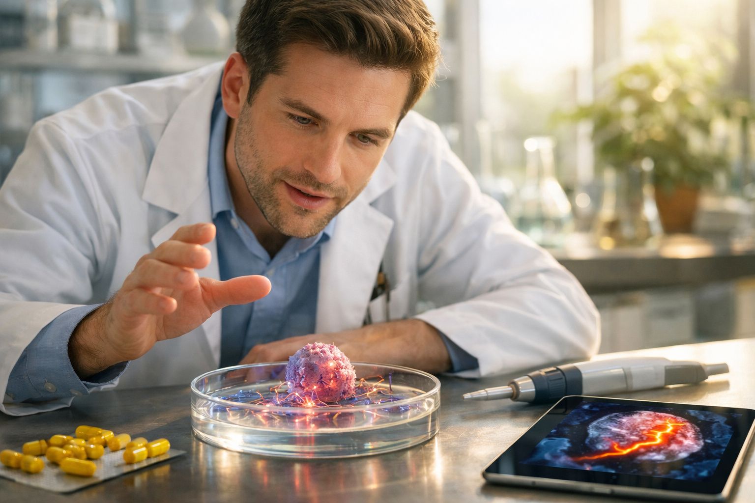 Cientista observa célula brilhante numa placa de Petri, com comprimidos e tablet com imagem cerebral na mesa.