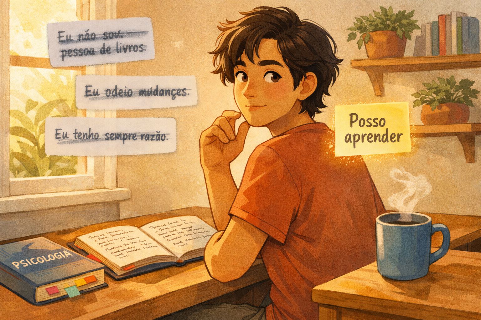 Jovem sentado a ler um livro de psicologia, com notas a dizerem "Posso aprender" e frases riscadas ao fundo.